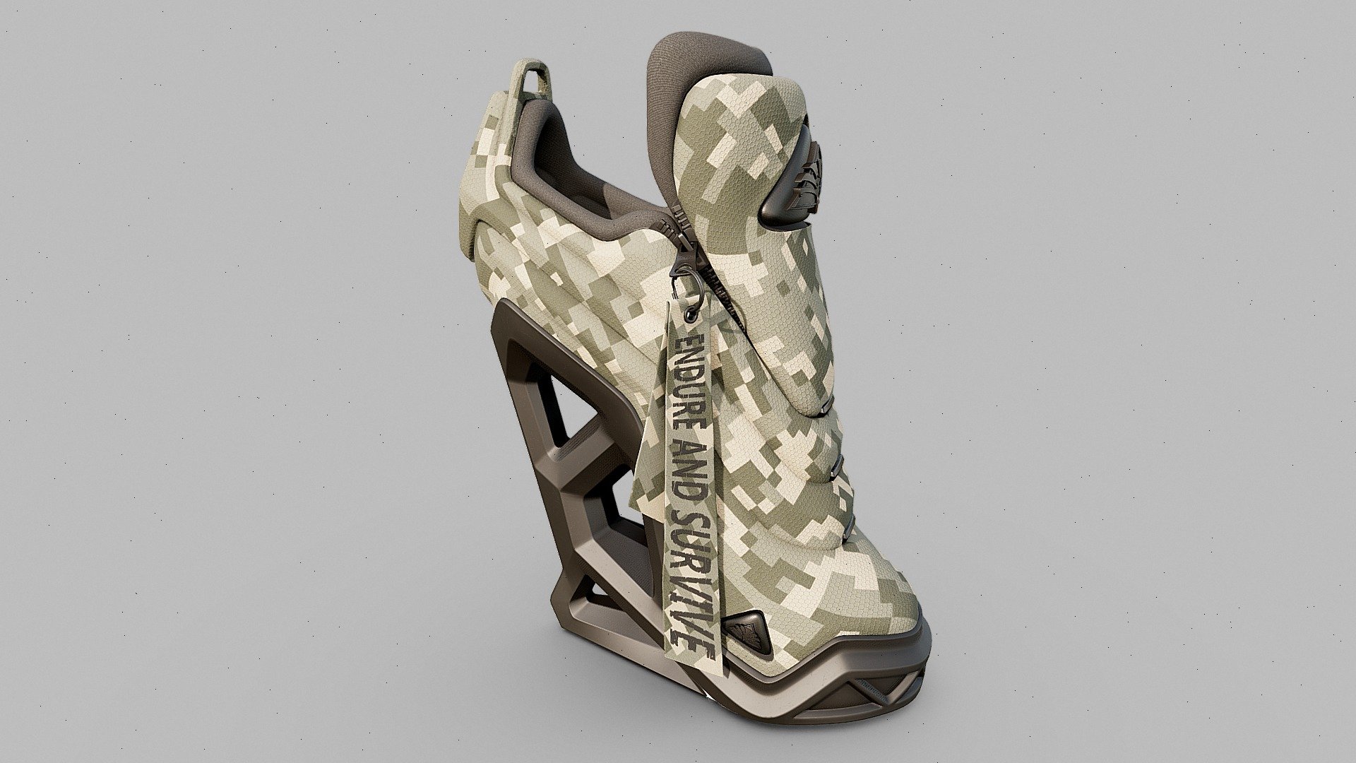 This model is perfect for character creation, visualization, and a variety of other purposes. The boot was designed and sculpted with ZBrush and textured with Substance Painter for a realistic look and feel.The design exudes innovation and luxury, radiating an air of confidence and sophistication in street wear! Pumping the boot with a pump on the front will inflate air cushions around the feet, providing an unparalleled level of comfort. Thanks to a special sole, the platform provides a one-of-a-kind walking experience by reducing the sound of each step to the whisper of a falling feather! And the special sensors will gather all the necessary data to optimize your wellness experience.

BEHANCE presentation https://www.behance.net/gallery/178998135/COMFY-HEELS-CRYPTO

Unreal Engine 5.1.1 version with a mirrored pair of heels included!

See the versions: (BLK&amp;GLD) https://skfb.ly/oDVMI  (BLK) https://skfb.ly/oDIHz  (WHT&amp;GLD) https://skfb.ly/oFvZB (GLD) https://skfb.ly/oJPCr
(BLK &amp; WHT) https://skfb.ly/oKMFx - COMFY HEEL CAMO - Buy Royalty Free 3D model by Bartholomew Koziel (@bkoziel) 3d model
