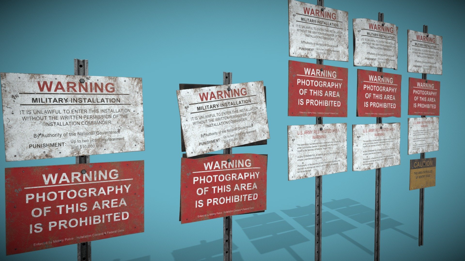 A collection of ominous &amp; threatening Danger / Warning / Hazard / Caution / No Tresspassing signs deterring nosy civilians or reporters from venturing too close to a Top Secret Military Base or hidden research facility 3d model