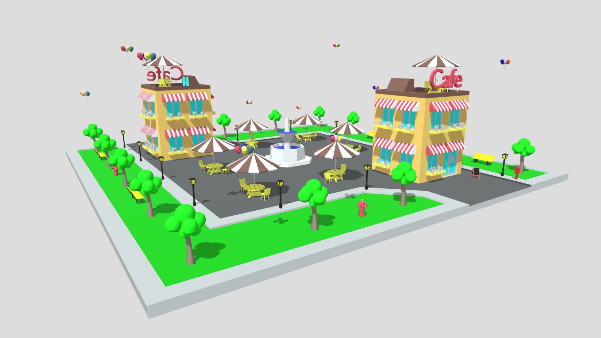 This Low Poly City Cartoon Cafe Package include:

Building Cafe * 2;

Prop Spray Fountain;

Prop Poster Board * 2;

Prop Post Box;

Prop Fire Hydrant * 4;

Sun;

Env Tree * 14；

Cafe Light * 12;

Prop Cafe Umbrella And Table * 8;

Env Flowerpot * 30;

Prop Public Chair * 4;

Prop Air Balloon * 11; - Low Poly Cartoon Cafe - 3D model by Philip Storm (@xingyun777) 3d model
