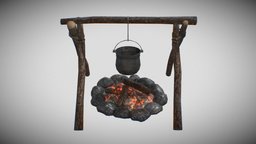 Low poly Camp Fire Cooking Station food, pot, camping, adventure, obj, survival, outdoor, grilling, fbx, backpack, fire, nature, cooking, firepit, hiking, wilderness, campfire, readyforgame, game, lowpoly, gameasset, gameready