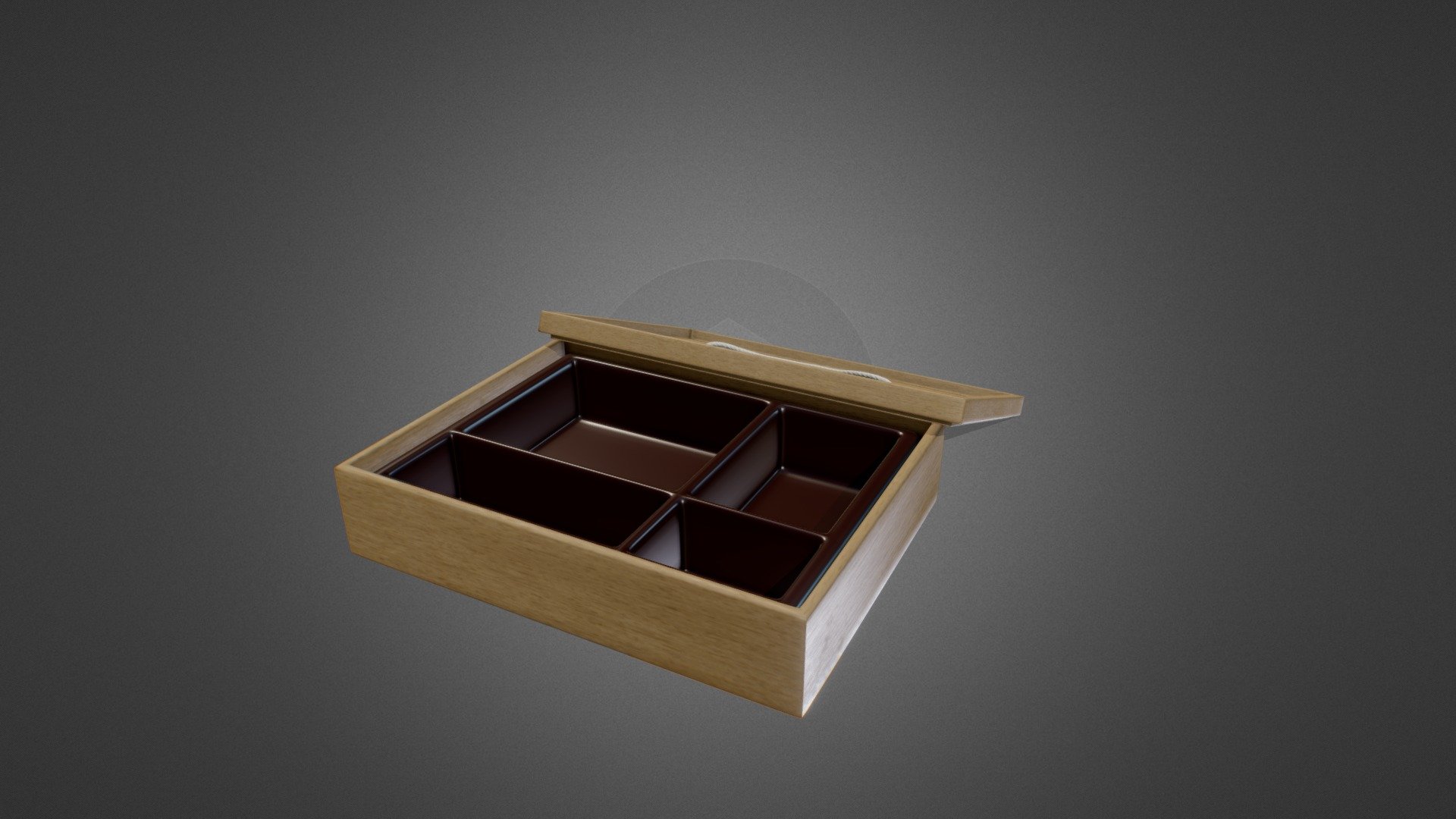 A light oak wood bento lunch box with a black plastic interior.

About the model:


Single mesh object
PBR material
Includes diffuse, AO, rougness and normal textures. All textures are 2k. 
Non-overlapping UV map
 - Bento, light wood with black plastic interior - Download Free 3D model by panik9747 3d model
