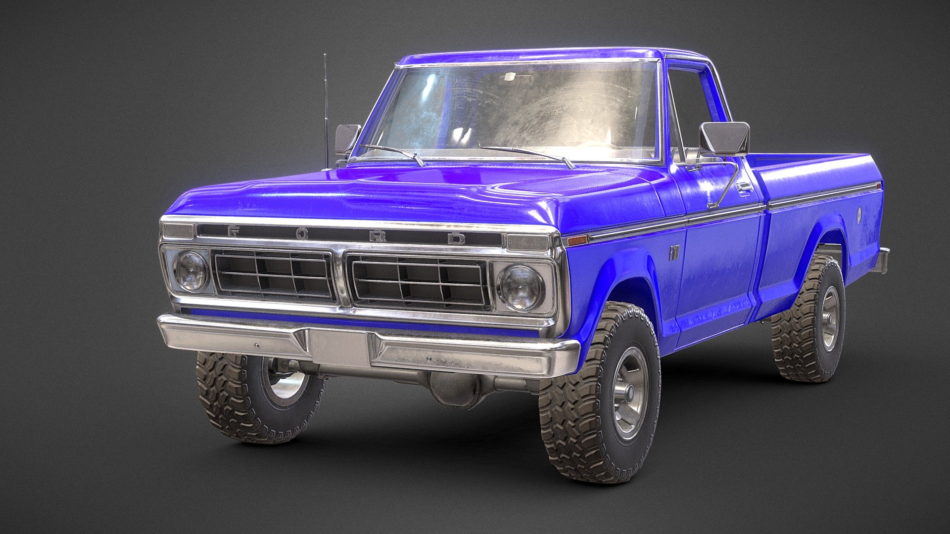 This is a classic American pickup truck made by Ford Motor Company in 1976. The model(64 202k tris) is a real world scale AAA game ready asset with realistic textures in a quite new state, the model is positioned on the center of the world with Z axis up and facing to X axis. This asset has modeled lights, full details interior and exterior, openable doors and a high detail under car with a functional suspension. Doors, wheels and steering wheel are separated objects with the pivot in the right position for an easier animation.

We will be happy to help you if you need any assistance with this asset. (Any future improvement or update of this asset will be included in this purchase) - Ford F100 1976 New Blue - Buy Royalty Free 3D model by rpalomino 3d model