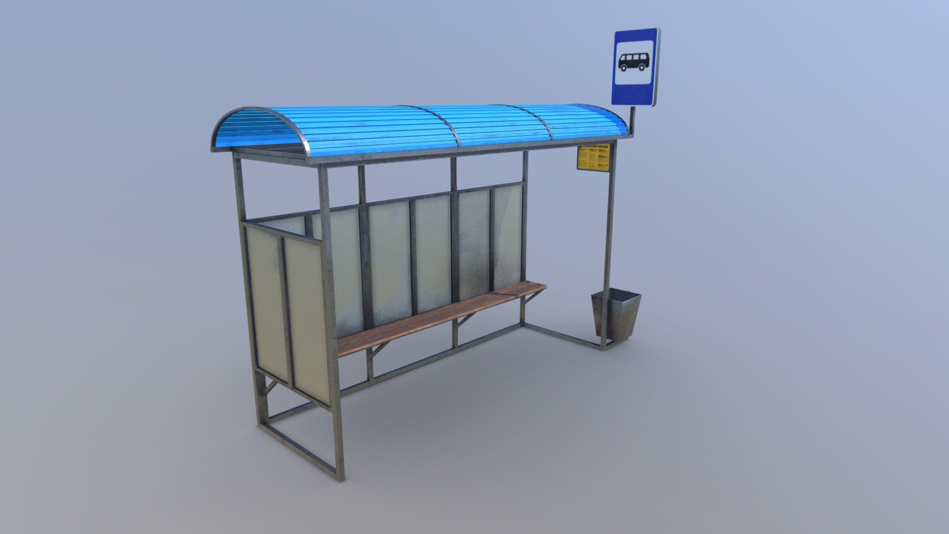 This is a 3d model of a bus stop.



Bus stop with metal base, plastic roof and wooden bench. There is a bus stop road sign and bus timetable on top, and a trash can on the bottom. The model is made in the form of an obsolete Soviet bus stop. Also, there are scuffs on the metal and on the entire model. This model is perfect for game engines. You can also use this bus stop for your renders. The model is close to real dimensions, high resolution textures are used, this is a PBR model. The mesh is made of triangles. Count of polygons: 1,615.



Total count of tris: 3,531

Total count of vertices: 1,900



Textures size 4096x4096

Including these maps:

Diffuse

Metallic

Roughness

Normal



Including formats:

Blend

Fbx

Obj



Created in Blender 3.0
 - Outdated Soviet Bus Stop - 3D model by Ottto3d (@Otton3ds) 3d model