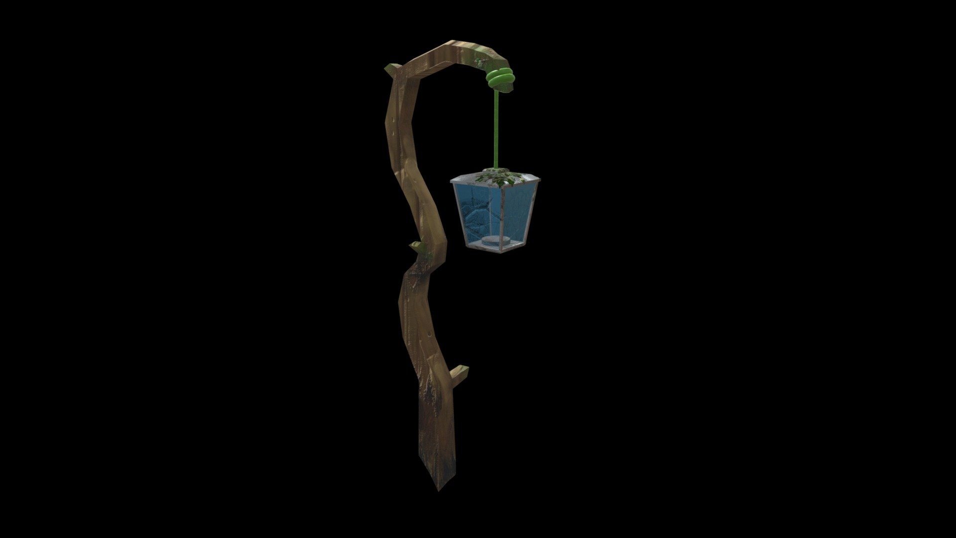 A mystical, worn lantern hanging from a gnarled piece of wood that one may call a staff 3d model
