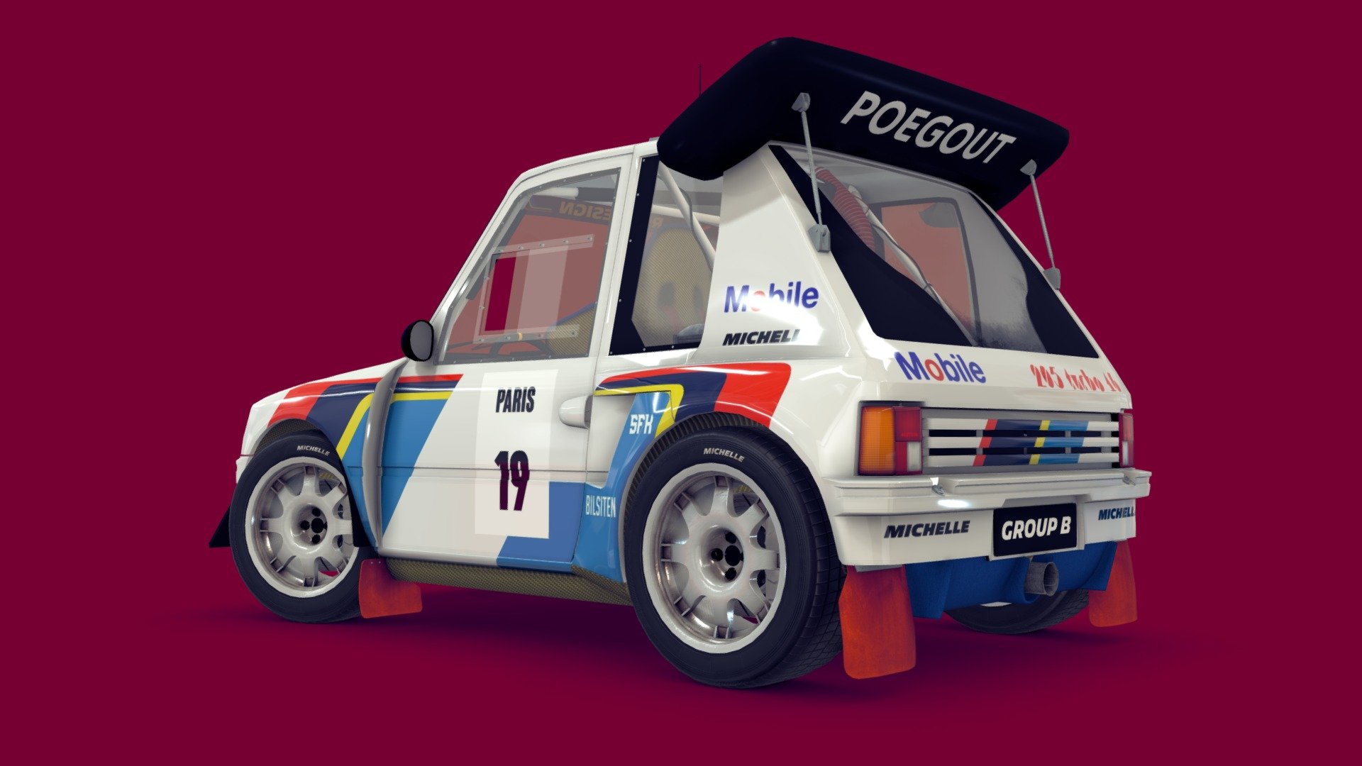 Cartoon style model of Group B rally car from 1980s. Made by French car manufacturer to compete in one of most dangerous autosport categories. Group B was introduced in 1982 and eventually banned in the end of 1986 due to fatalities.
Check out my other cartoon car models at www.retrocartooncars.com 3d model