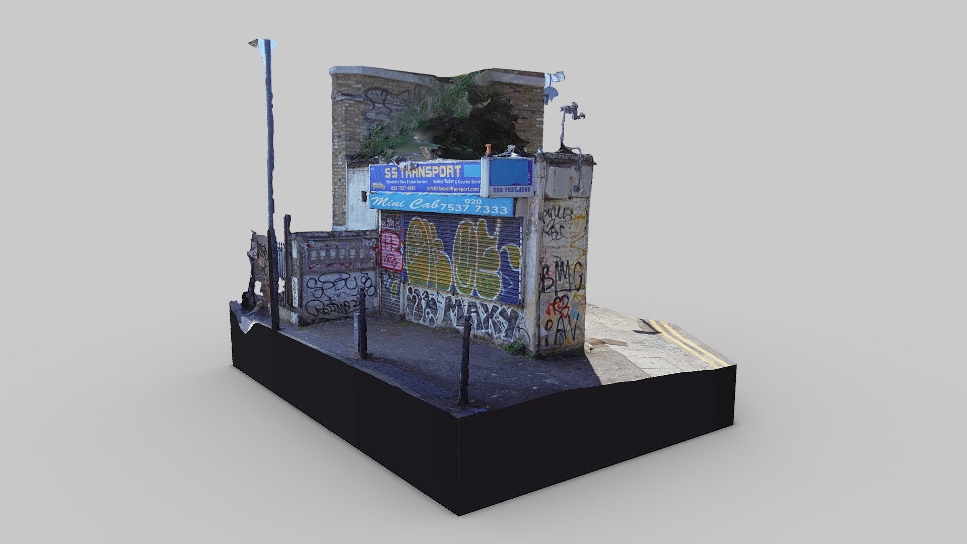 A quick photogrammetry capture of a small building at the junction of East India Dock Road (south side) and Amoy Place (?), Poplar, London.

Scanned because I can see this sort of building being replaced by new development.

95 photos taken in May 2021 with a Sony a6000 and processed in Reality Capture 3d model