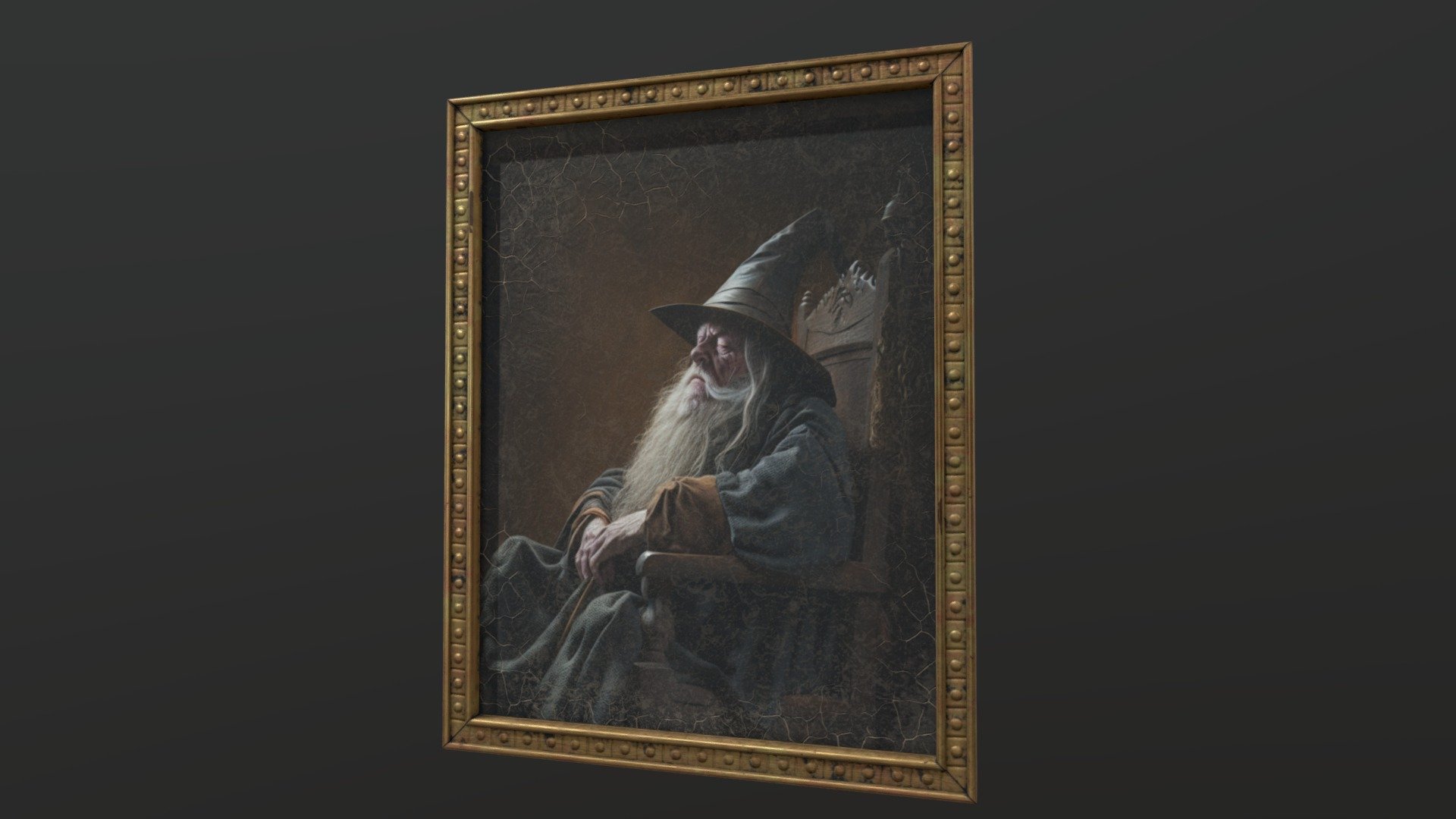 An old oil painting portrait of a wizard sleeping sitting on a chair.

4K maps: Base Color, Normal (DirectX and OpenGL), Roughness, Metallic and Ambient Occlusion.

Formats: .fbx and .obj

The original illustration also included (without any of the weathering effects I applied in the texturing process) 3d model