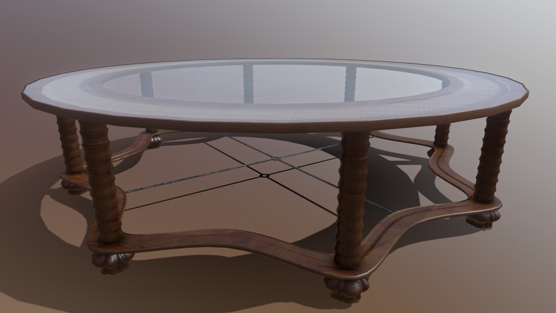 A beautifully designed star-pattern-base coffee table designed by Superfuntimes Media, featuring stylish legs and a wicker inner circle. Excellent for hotel scenes, archviz scenes, and product display! Three 4k texture maps: wood, dark iron and glass 3d model