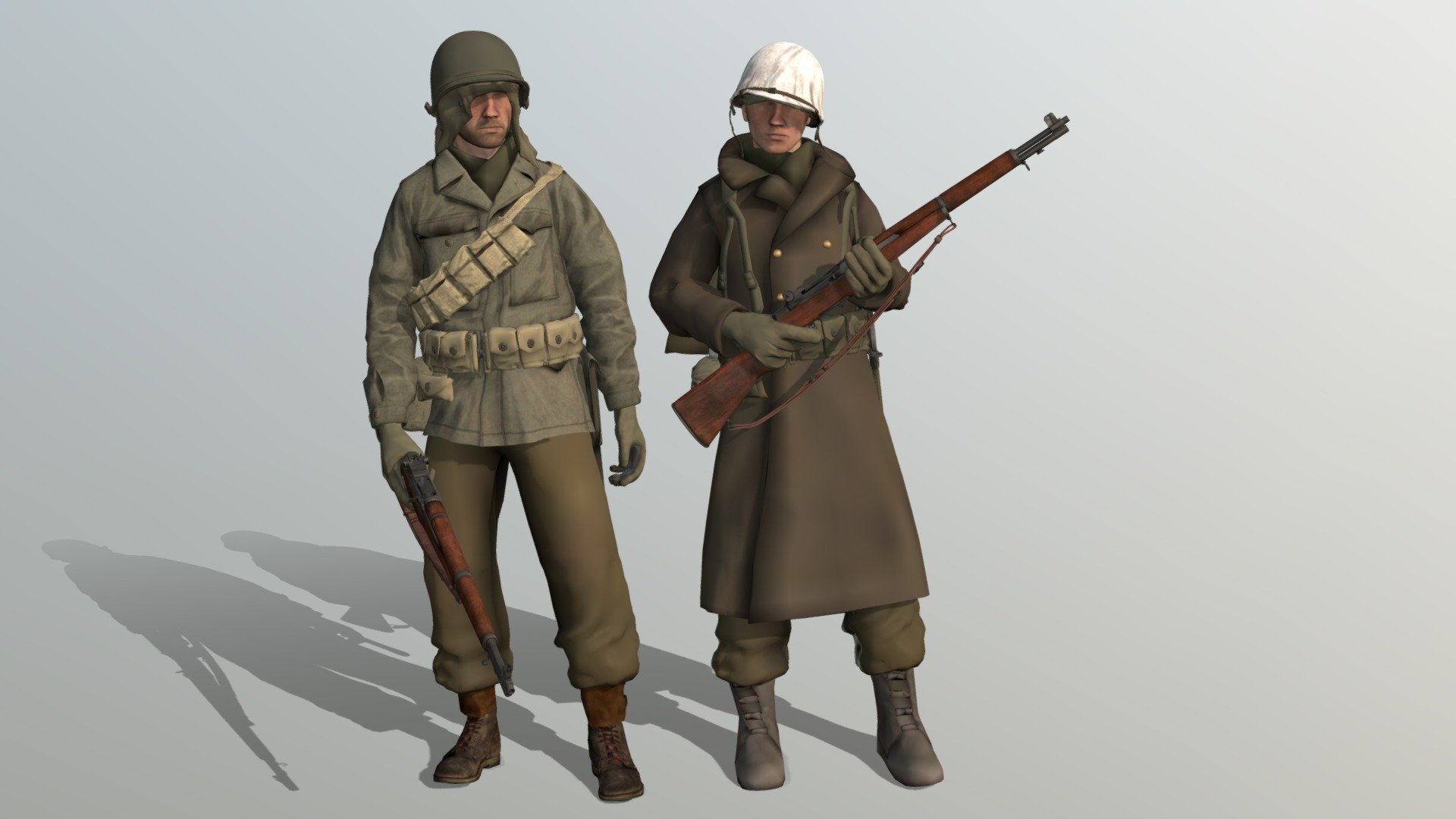 A combined effort of me and my mates to create a historical accurate depiction of the WW2 US Infantry. Made for Arma 3 as part of the Forgotten Fronts Project.

credits:




3D scanned highpoly by Scott Delbressine (for Helmets, carlisle pouch, and canteen) 

M1 helmet model reworked by Motta with textures Ethridge

3D scanned Buckle Boots model by Glen Harris, reworked by Motta and Ethridge

Cartridge belt, Bandoleer, and M1 Garand retopologized from Tannenbaum's model

M1 Garand texture by Mistiey 

bayonet model by Schwienny

Wool trousers sculpt by Asmoro

Base Head model and texture by Bohemia Interactive
 - US Infantry - Winter 1944 - 3D model by simcardo 3d model