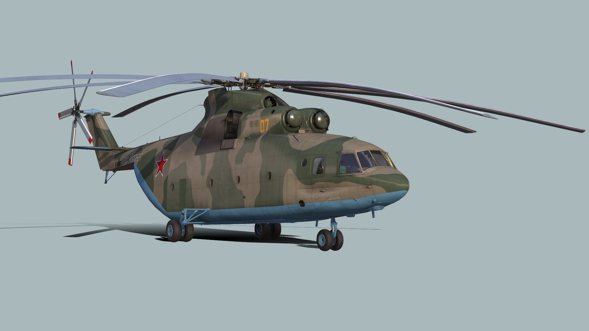 The Mil Mi-26 (Russian: Миль Ми-26, NATO reporting name: Halo) is a Soviet/Russian heavy transport helicopter. Its product code is Izdeliye 90. Operated by both military and civilian operators, it is the largest and most powerful helicopter to have gone into serial production 3d model