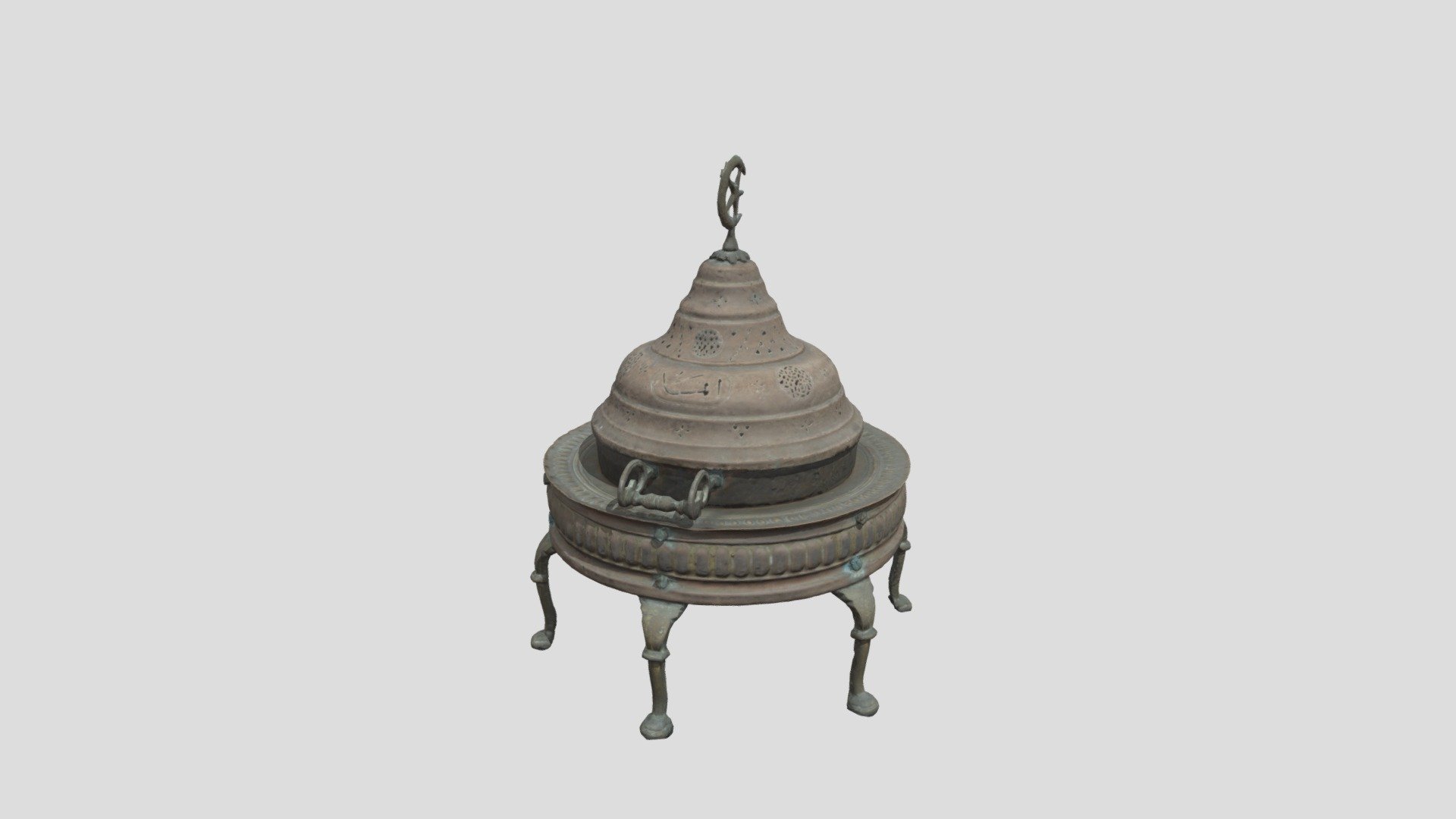 This object was used as a brazier and consists of 3 parts, a base, an inner container and a lid. The base rests on 6 feet with decoration all around. On top there is a free-standing copper container, in which the fuel was placed, with two cast bronze handles for easy removal. The brazier was sealed with a domed copper lid, on the top of which there is a bronze star with the crescent moon. The star served both as a handle for the lid and as a decorative element that indicated the Turkish origin of the brazier. Similar types of braziers are available with several variations in their decoration, indicative of the importance given to this object by craftsmen in their effort to satisfy their wealthy customers. Copper braziers of this type were used in urban houses in Cyprus as a necessary item-furniture during the period of Ottoman rule.

This is a preview of a reconstructed model from the George and Nefeli Giabra Pierides Ethnographic Collection at Bank of Cyprus Cultural Foundation 3d model