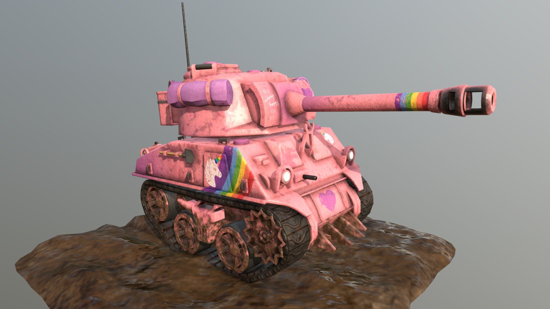 A WW2 chubby UNICORN tank! Based on a Sherman Tank. Included:





GAME READY MESH! Clean, Light Topology! (Polys just Tank = 7,265)




In a hierachy ready to animate! Also comes with a seperate animation (FBX format).




Tank Tracks and Mud are textured with vertical tiling to allow UV animation!




Neatly Unwrapped with clear UVW islands!




FBX and OBJ formats.




Includes all textures in PNG format. Tank and Mud. (Diffuse, Normal, Self-Illumination, Roughness, Metal.)




ALSO INCLUDES Diffuse texture WITHOUT markings, making it easy for you to add you own! Also includes the UVW layout as PNG to make adding your own markings even easier!



**BONUS: Includes the Diffuse texture for the ‘Chubby Tank’! You can see here:
https://skfb.ly/6GvzA

Please send me suggestions or requests for other models! - Chubby Unicorn Tank - GAME READY - Buy Royalty Free 3D model by James Fraser (@jamesfraser) 3d model