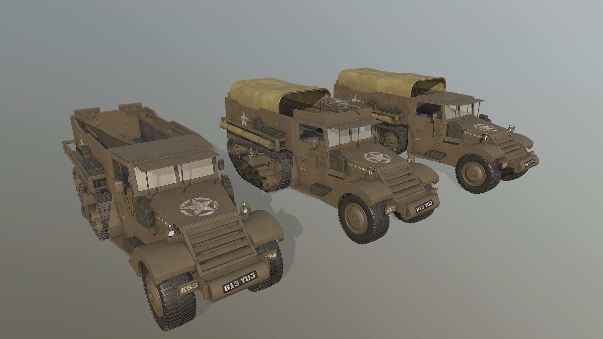 a stilized version of an old world war 2 M3 halftrack fitted with misc. props, tarps and a mounted browning machine gun.

Truck has 80k - 90k Triangles

Browning MG has 15k Triangles - M3 Halftrack - Buy Royalty Free 3D model by Foxx Assets (@FoxxAssets) 3d model