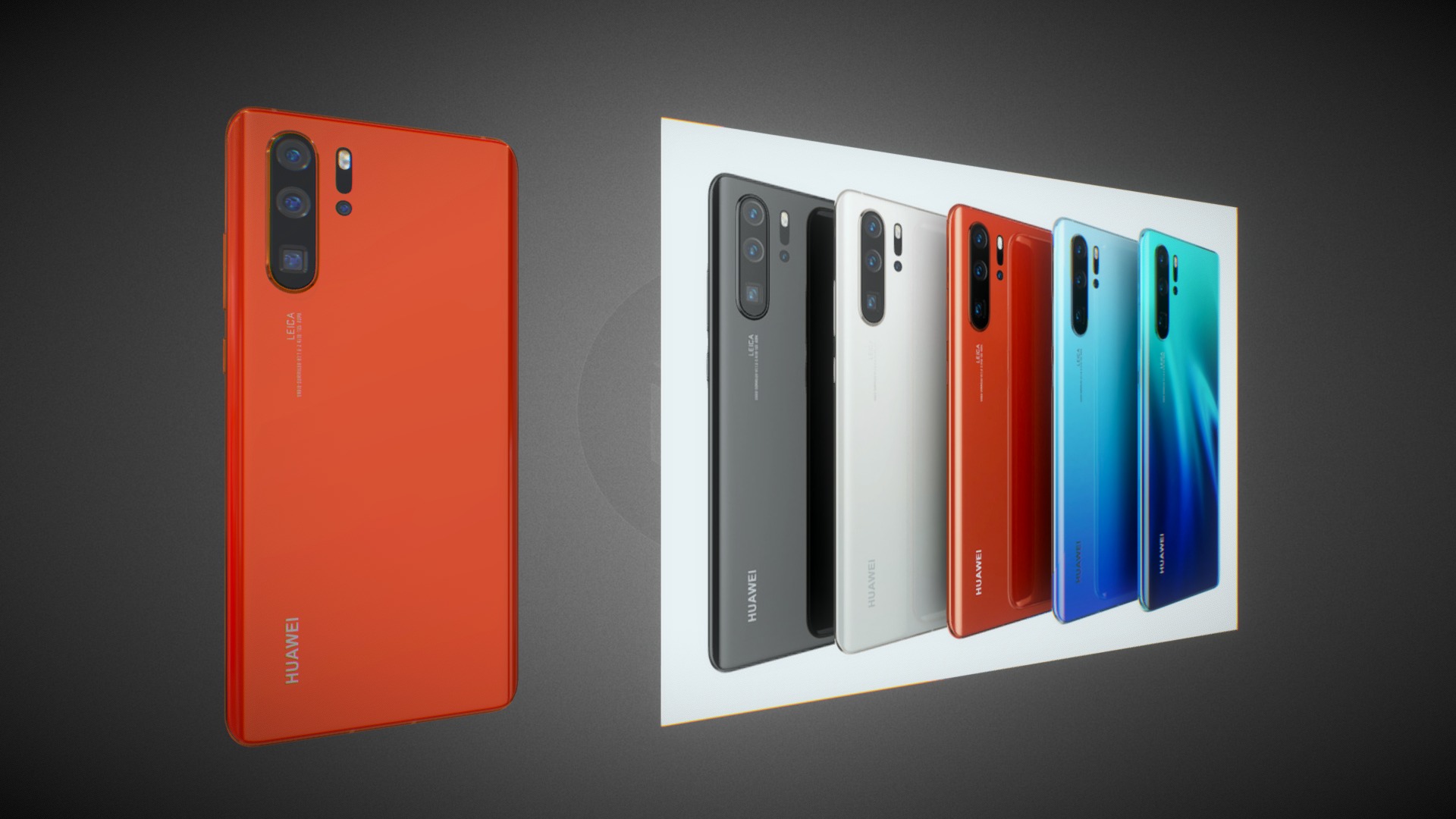 Huawei P30 Pro All colors.

This set:
3D element v2.2
The model given is easy to use
- 1 file obj standard
- 5 file 3ds Max 2013 vray material 
- 5 file 3ds Max 2013 corona material
- 1 file of 3Ds
- 5 file e3d full set of materials.
- 5 file cinema 4d standard.

Topology of geometry:
- forms and proportions of The 3D model
- the geometry of the model was created very neatly
- there are no many-sided polygons
- detailed enough for close-up renders
- the model optimized for turbosmooth modifier
- Not collapsed the turbosmooth modified
- apply the Smooth modifier with a parameter to get the desired level of detail

Materials and Textures:
- 3ds max files included Vray-Shaders
- 3ds max files included Corona-Shaders
- file e3d full set of materials
- all texture paths are cleared

Organization of scene:
- to all objects and materials
- real world size (system units - mm)
- coordinates of location of the model in space (x0, y0, z0)
- does not contain extraneous or hidden objects (lights, cameras, shapes etc.) - Huawei P30 Pro ALL Colors - Buy Royalty Free 3D model by madMIX 3d model
