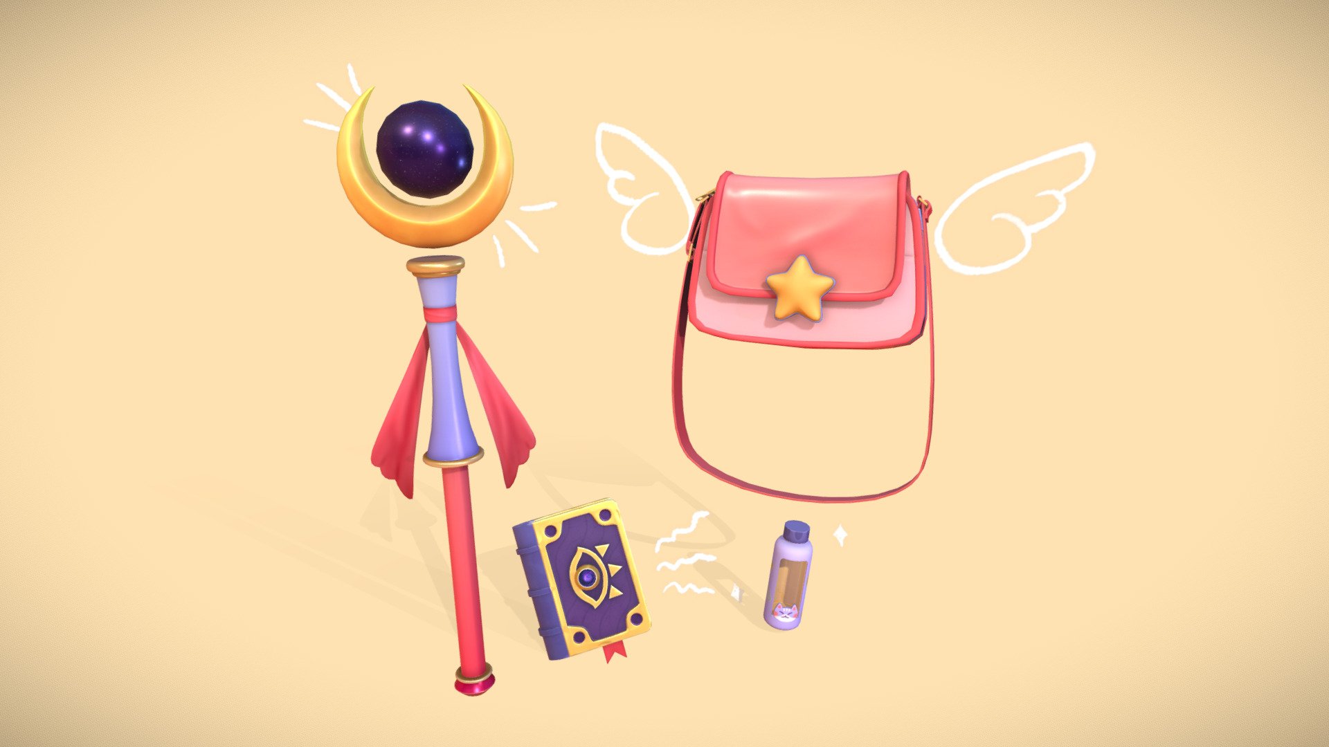Being a full-time magical girl can be a hard job when you don't have the right tools! With our exclusive Mahou Shoujo Package you can get everything that you need to save our world:

🌙A Magical Staff, essential for channeling your powers and striking a pose.

👜A Magical Messenger bag, to carry anything you can think of.

📘A Mysterious Book Spells, just in case you need a little refresher.

🥤A Non-Magical Water Bottle, for your potions, energy drinks or just&hellip; Water.





This is my entry for the #AdventureKitChallenge!

I've wanted to model some magical girl related prop for some time and this was the perfect chance to do it. I was planning to put together a little scene with more props, but I sadly ran out of time 🙃. There are lots of details I'd like to improve and add, so I'll probably revisit this in the future. Still, I'm quite happy with the colours! - A Magical Girl's Adventure Kit - 3D model by Marta (@ctrlmarta) 3d model