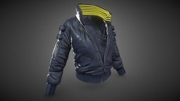 Cyberpunk Blue Jacket leather, sci, fi, unreal, samurai, jacket, cyberpunk, ready, v, realistic, mercenary, 2077, weapon, character, game, military, futuristic, female, gun, clothing