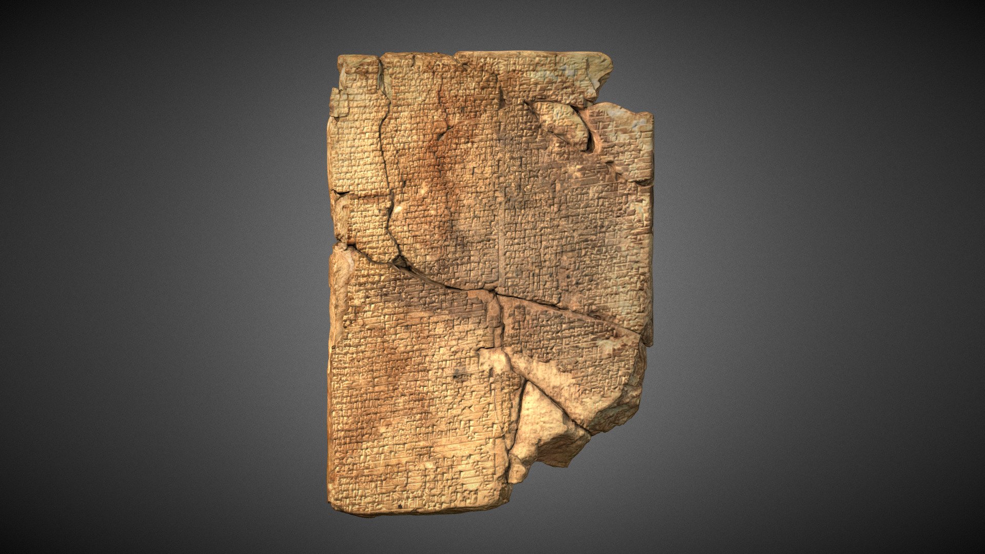 Old Babylonian culinary tablet with the remnants of very detailed Akkadian instructions for seven recipes.

Yale Peabody Museum of Natural History, Yale Babylonian Collection, Catalog No. BC.023013 (Original Catalog No. YBC 8958)

3D featured in the installation The oldest recipes of the world or the beauty of tradition in the exhibit Ik kook, dus ik ben. / I cook, therefore I am. at Wereldmuseum Rotterdam 30 February - 30 July 2017. For a glimpse, please see Zcene's videos: Videomapping in het Wereldmuseum Rotterdam; Wereldmuseum - Over het eerste recept; Videomapping in Wereldmuseum Rotterdam

Scanned and processed by Yale Institute for the Preservation of Cultural 
Heritage Digital Imaging Specialist Chelsea Alene Graham using Artec Space Spider and Artec Studio Professional in 2016. Geometry uploaded at 0.3 mm resolution 3d model
