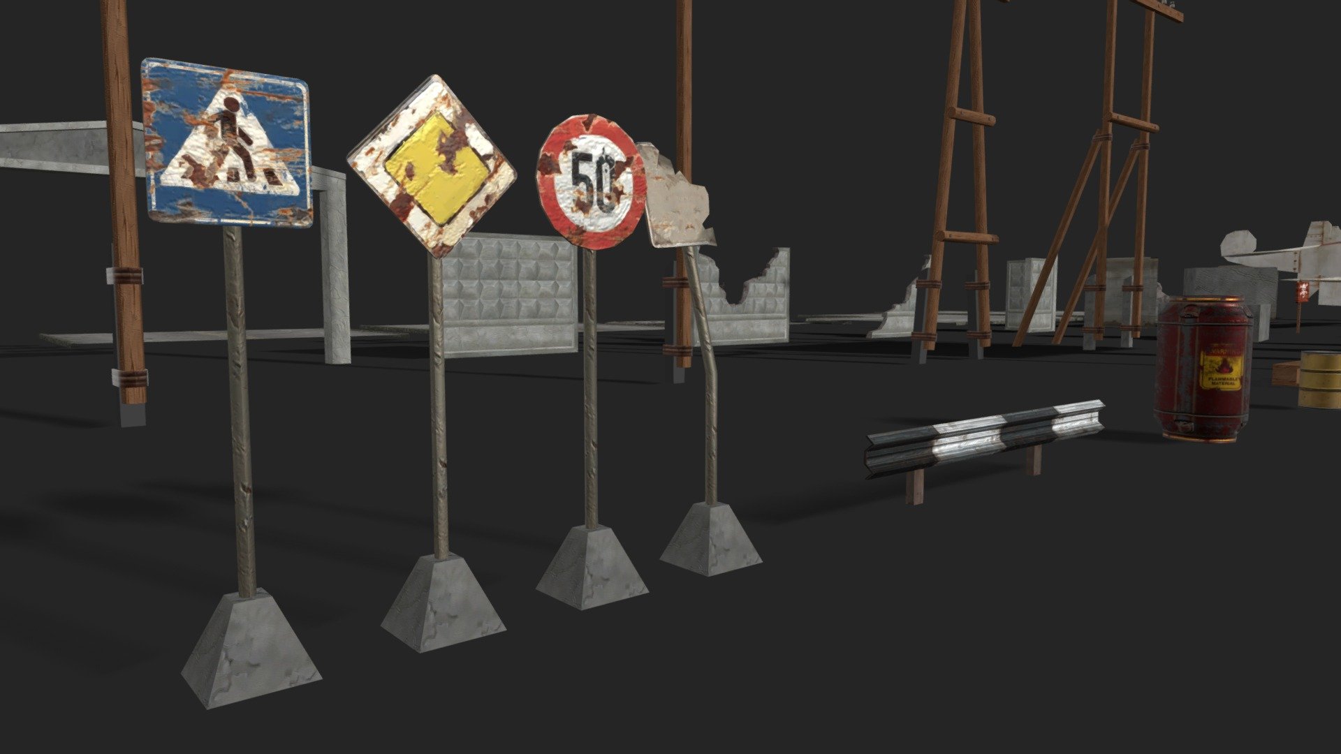 NOTE: this is a set of many models, so it is cheaper to buy it than to buy individual models. You will save $20!

Are you ready to take your game development to the next level? Our 3D low poly models set of street elements is the perfect addition to your toolkit. These models are optimized for maximum performance without sacrificing visual quality, making them ideal for use in any game engine.

Whether you're creating a realistic urban environment or a stylized world, our street elements set will help you bring your vision to life. With attention to detail and an emphasis on usability, you'll be able to quickly and easily integrate these models into your game!

Number of textures: 39   

Polygon count: 13 704 (in total)   

Vertices count: 23 393 (in total)    

Number of meshes/prefabs: 126   

UV mapping: Yes, overlapping   

Types of materials and texture maps: Color 1024x1024, Bump 512x512

+ BONUS high quality game ready skybox! (4096 x 3072 resolution) - Street Elements Game Ready Pack (LowPoly) - Buy Royalty Free 3D model by Flystyler 3d model