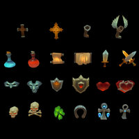 Handpainted generic assetpack pickups hp, clover, masks, boots, mana, shields, scroll, health, potions, pickups, crosses, ankhs, weapon, book