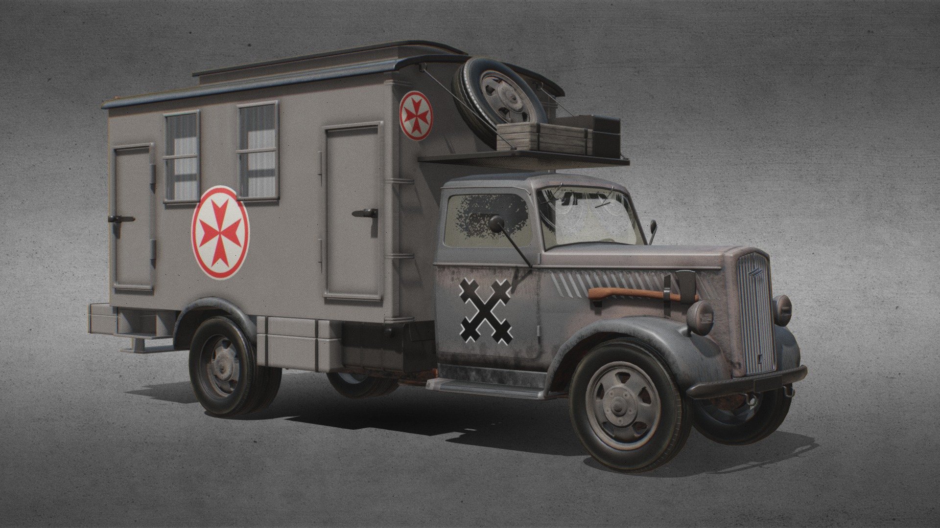WW2 ambulance van, based on Opel Blitz, with a Latvian cross on the side 3d model