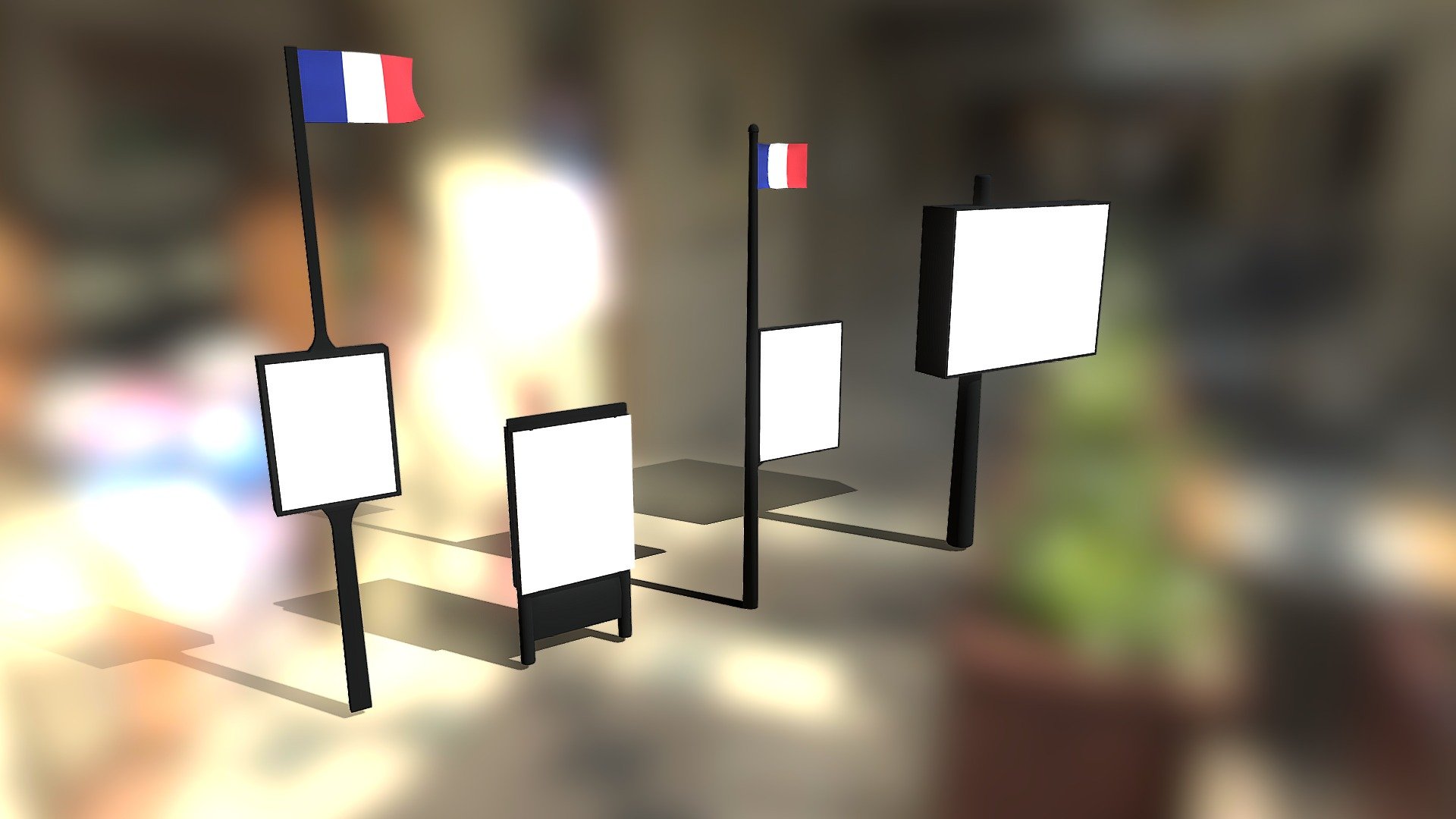 Different type of billboards that can be found in Paris street in France.

4 types of advertising board with shader and flag animation 3d model