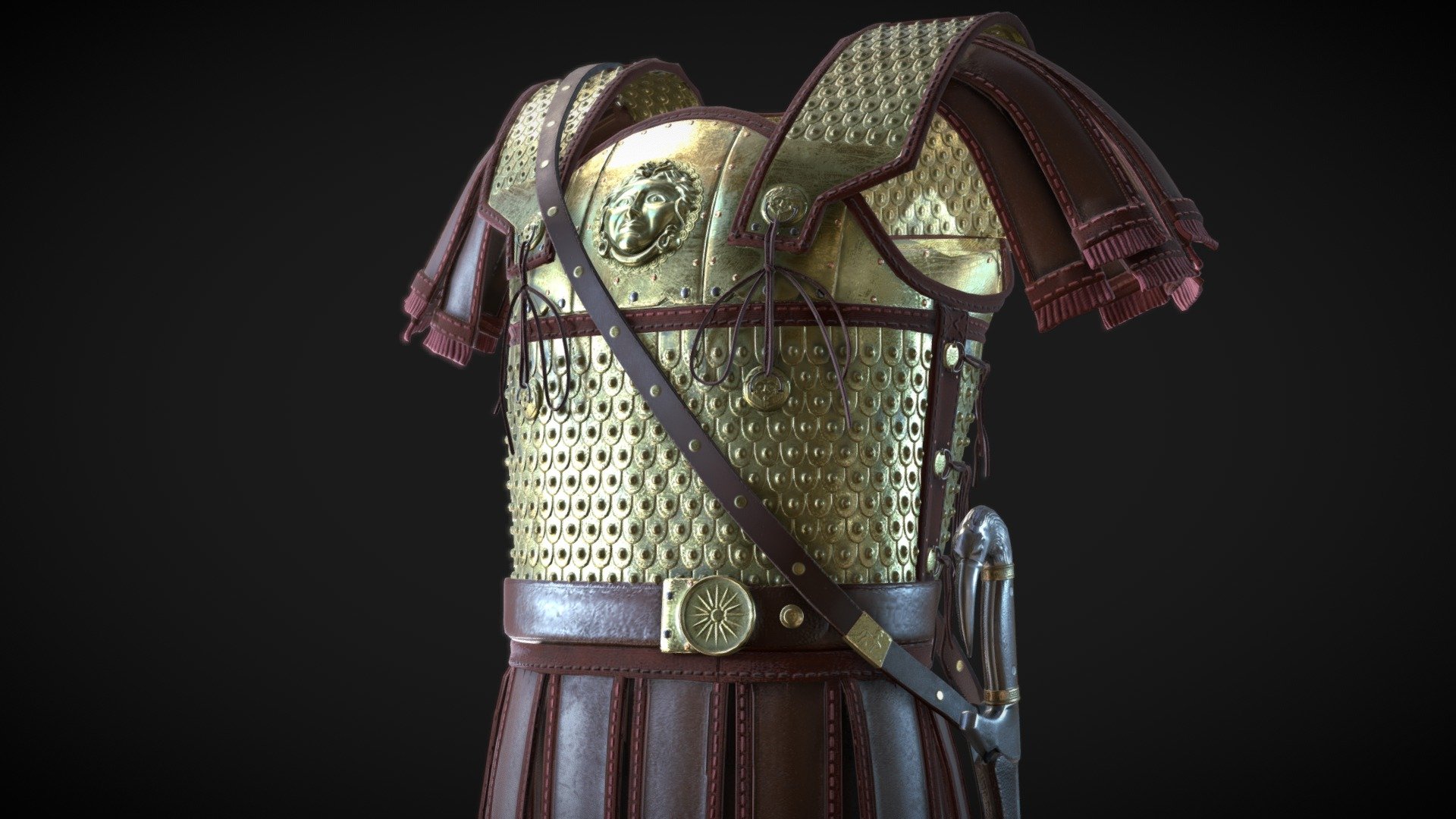 This is a heavy metal-plated version of the Linothorax, the typical armor of Greek antiquity. Inspired by the work of Dimitrios Katsikis, a real life armorer who recreates histrorical items, this high fidelity 3D model is a version of his  Alexander the Great's armor study. 
 http://www.hellenicarmors.gr/en/

-updated-
Added a few more details, together with the Kopis sword and seath 3d model