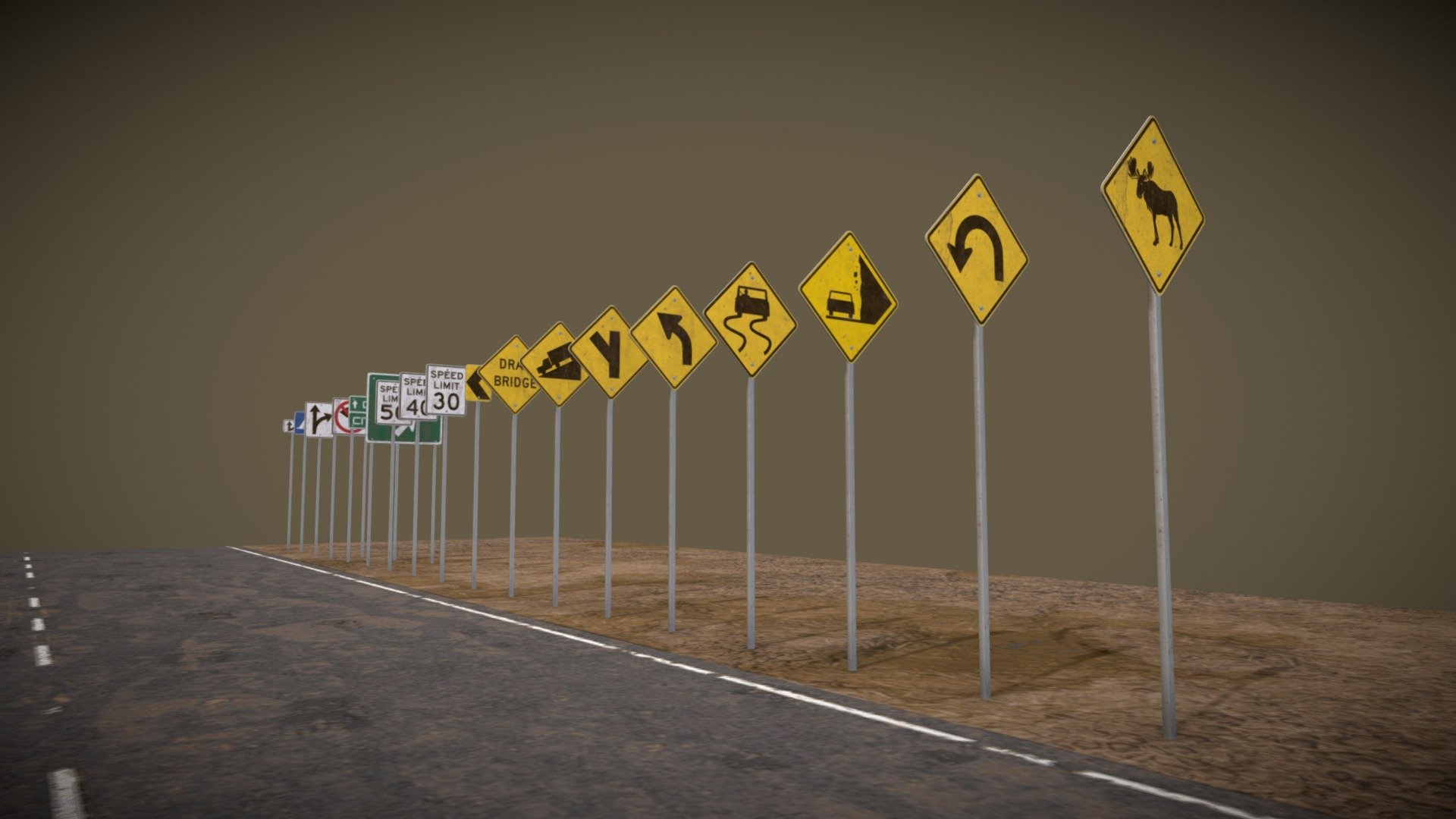 The model is made for a real game project on UE4.

All signs contain a reflective layer and, under the influence of directional light, acts as a reflector.

The number of of vertices per sign - 900, tris- 1750.

The sign consists of 1 materials with 2k texture resolution.

Made in Blender 2.92 and Substance Painter in FBX format.
 - American Road Signs Pack PBR Game-Ready Low-Poly - 3D model by CGMeller 3d model