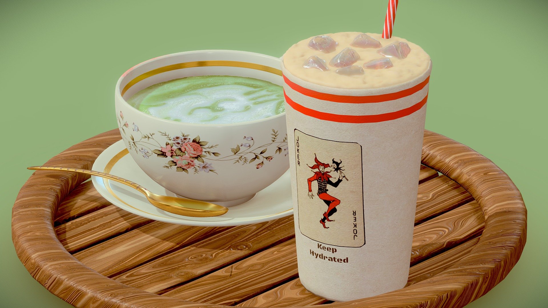 Maccha and ice coffee..  Maya, Zbrush, Substance Painter, wood generated in Substance Designer.
Maya (roughly imported albedo maps), Blender, Marmoset Toolbag files.

 - Matcha and ice coffee - Buy Royalty Free 3D model by Naira (@naira001) 3d model