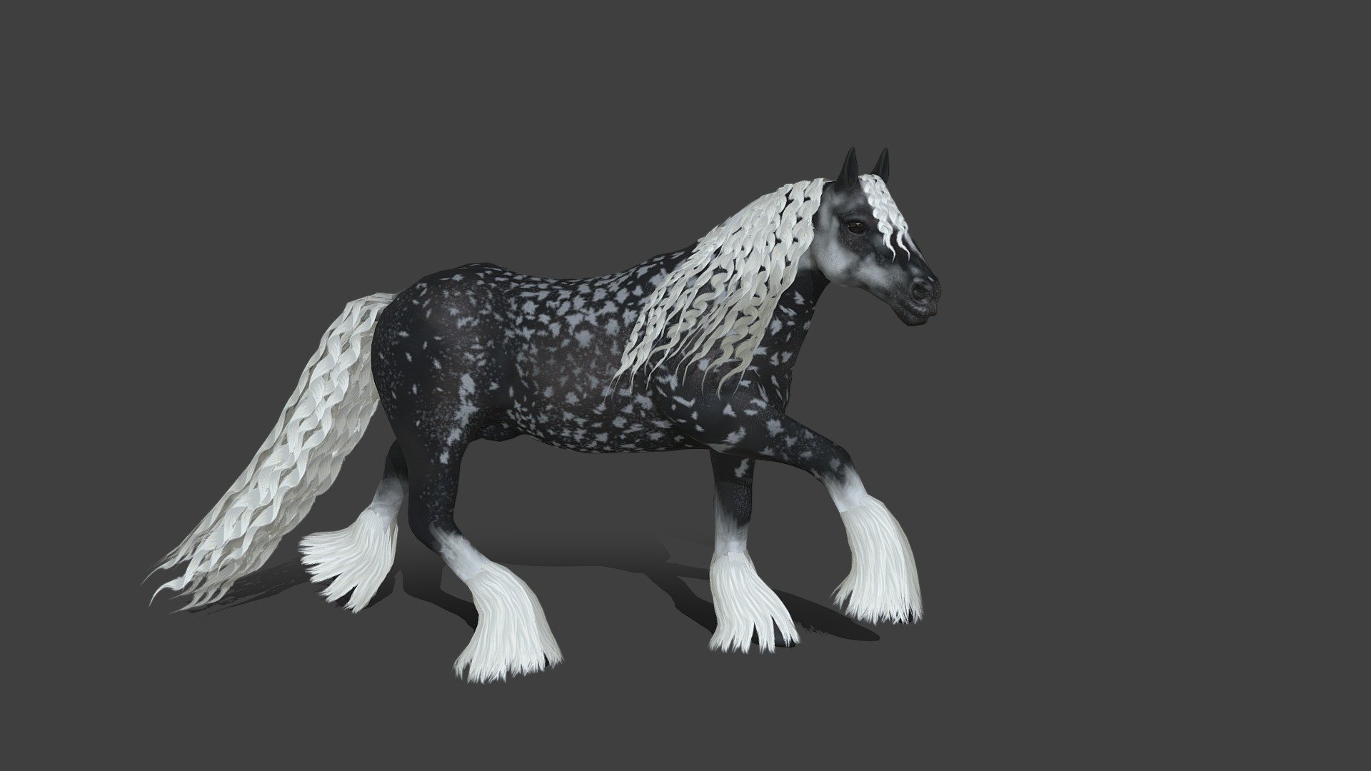 My second personal project - A Friesian x Cob cross. Super happy with how it turned out and the many skills I learned along the way - I think my retopology and hair card skills are coming along nicely. Sculpted in Zbrush, Retopologized and UVed in Maya, and textured in Substance 3D Painter. I still want to rig and pose this model, but I couldn't wait to get it uploaded! - Friesian Cross Horse - 3D model by keelymcdermot 3d model