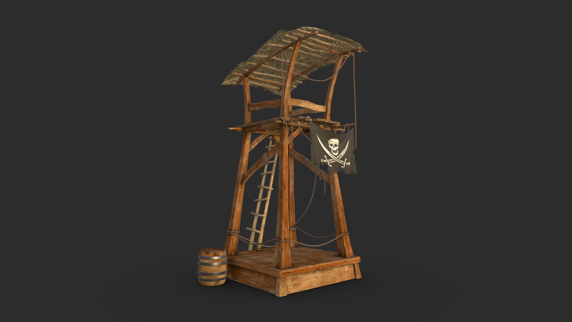 A wooden wach tower ready for game and including a pirate flag 3d model