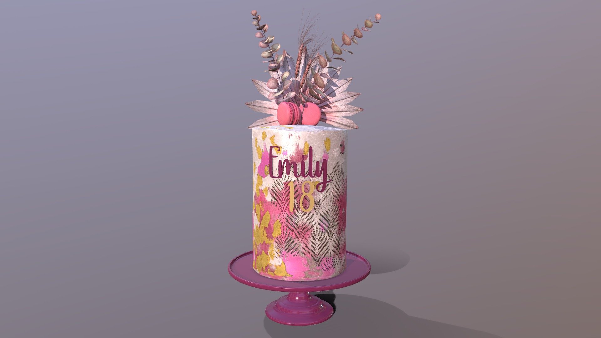 3D scan of a Luxury Golden Pink Buttercream Cake on the elegant mosser stand which is made by CAKESBURG Online Premium Cake Shop in UK. 

This 3D cake can be personalised with any text and colour you want. Please contact us.

You can also order real cake from this link: https://cakesburg.co.uk/products/luxury-buttercream-cake-06?_pos=1&amp;_sid=27f107744&amp;_ss=r

Cake Textures - 4096*4096px PBR photoscan-based materials (Base Color, Normal, Roughness, Specular, AO)

Macarone textures - 4096*4096px PBR photoscan-based materials (Base Color, Normal, Roughness, Specular, AO)

Palm, Eucalyptus and Wheat Textures - 4096*4096px PBR photoscan-based materials (Base Color, Normal, Roughness, Specular, AO) - Personalised Luxury Golden Pink Buttercream Cake - Buy Royalty Free 3D model by Cakesburg Premium 3D Cake Shop (@Viscom_Cakesburg) 3d model