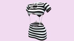 Chest Cutout Striped Mini Midriff Female Dress mini, and, white, , chest, fashion, girls, clothes, hot, dress, realistic, real, striped, womens, cutout, wear, belly, midriff, suspenders, metaverse, pbr, low, poly, female, black