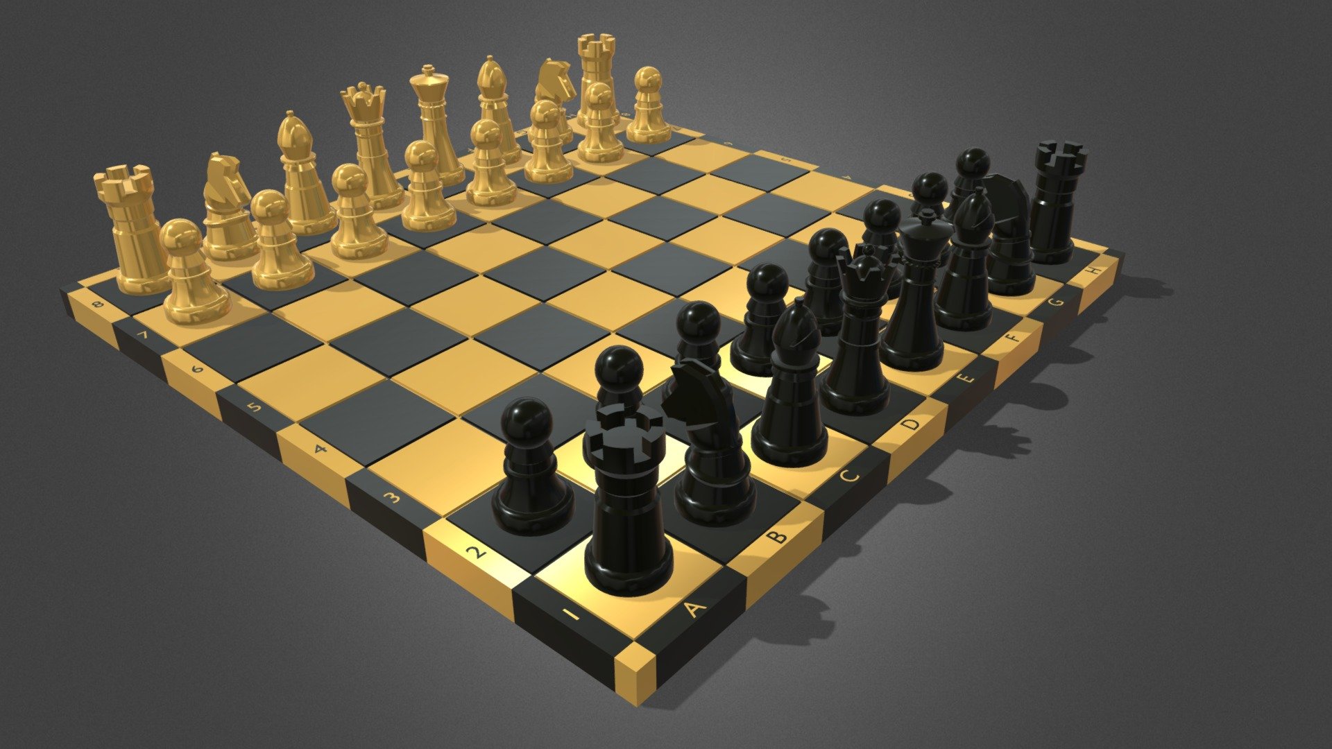 The Set:
Real scale, black and gold chessboard set. Poly efficient models. Optimised to suit digital games such as mobile apps. You can use this for demo scenes display, documentaries, animated scenes, video games. 


Efficiency:
This version has reduced poly count, efficient topology and a cut down on unnecessary details. Modified to prioritise performance over quality.


Numbers and letters:
Numbers and letters on the set axis are correctly modified, converted to objects and casted to the board. The characters are also decimated in vertexes, faces and edges.


Notes:
Note that the zip extension file attached does not include the animation.

There's a higher definition of this version with more detail.

Now up for sale&hellip; - Chessboard - Animated set Classic Black & Gold - Buy Royalty Free 3D model by 3D-WISE 3d model