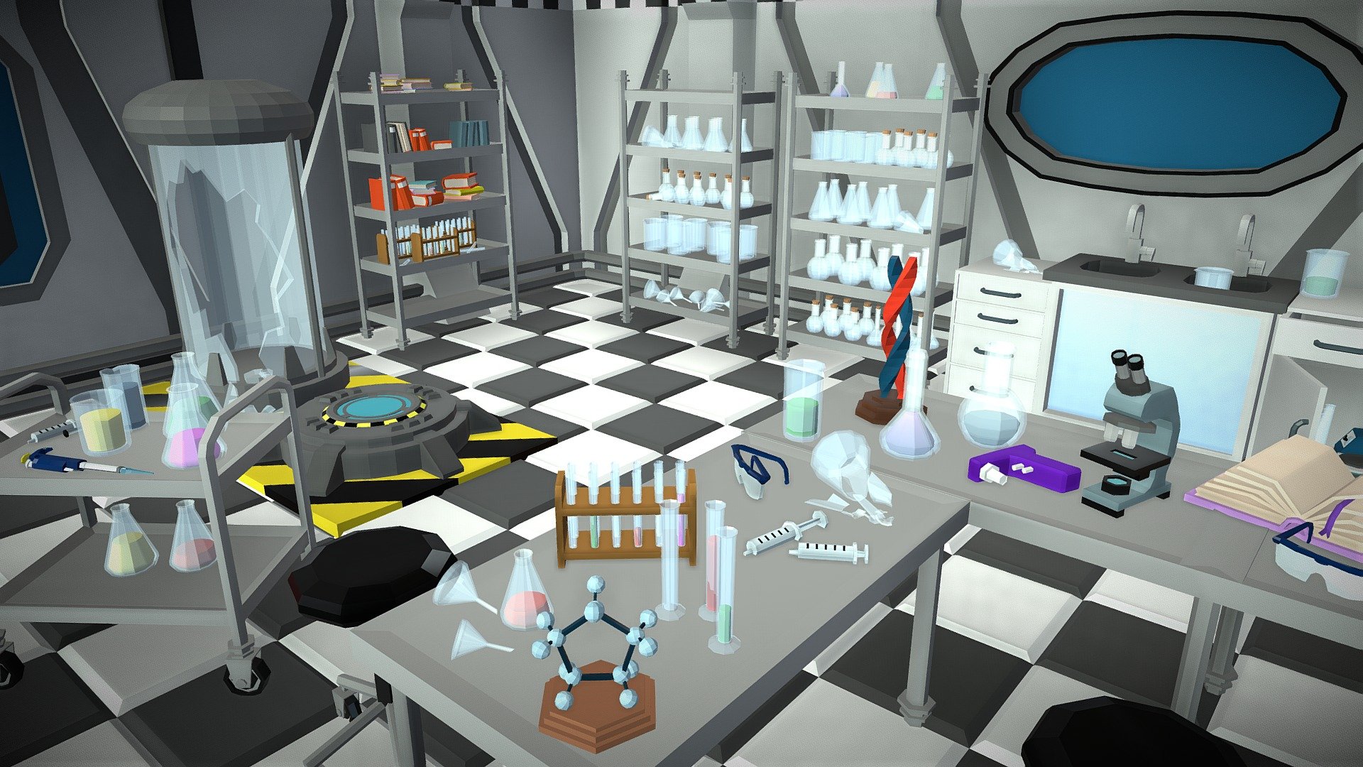 All models &amp; demo scenes are part of the Ultimate Low Poly Nature Pack.

A Low Poly Laboratory with 184 unique assets to build your own versatile laboratory!

All models are displayed in a list scene &amp; in 2 different demo scenes.

–Texture–

All objects share the same 256x256 texture to increase performance

–Package Content–




Floors (5x) – Tiles, Danger Zone

Lab Walls (32x) – old, Sci-Fi

Books &amp; Shelves (40x) 

Tables, Shelves, Carts, Cabinets, Stool (10x)

Kettle, Oven, Lamp (3x)

Teleporter, Capsules (6x)

Lab glassware (47x) – Tubes, Beaker, Erlenmeyer Flasks, Flasks, Funnels

Electronic Labware (6x) – Microscope, Scale, Shaker, Bunsen Burner, etc

Lab Props (12x) – Pipette, Pipette Stand, Goggles, Tripod, Syringes
-Statues (2x) – DNA, Molecule

Papyrus Scrolls, Feathers, Inkbottle (9x)

Candles, Candle Stand (6x) 

Scales Old (2x)

Dynamite (4x)

Feedback: purepoly.info@gmail.com

Link to full package:

Ultimate Low Poly Nature Pack - Low Poly Laboratory - 3D model by purepoly 3d model