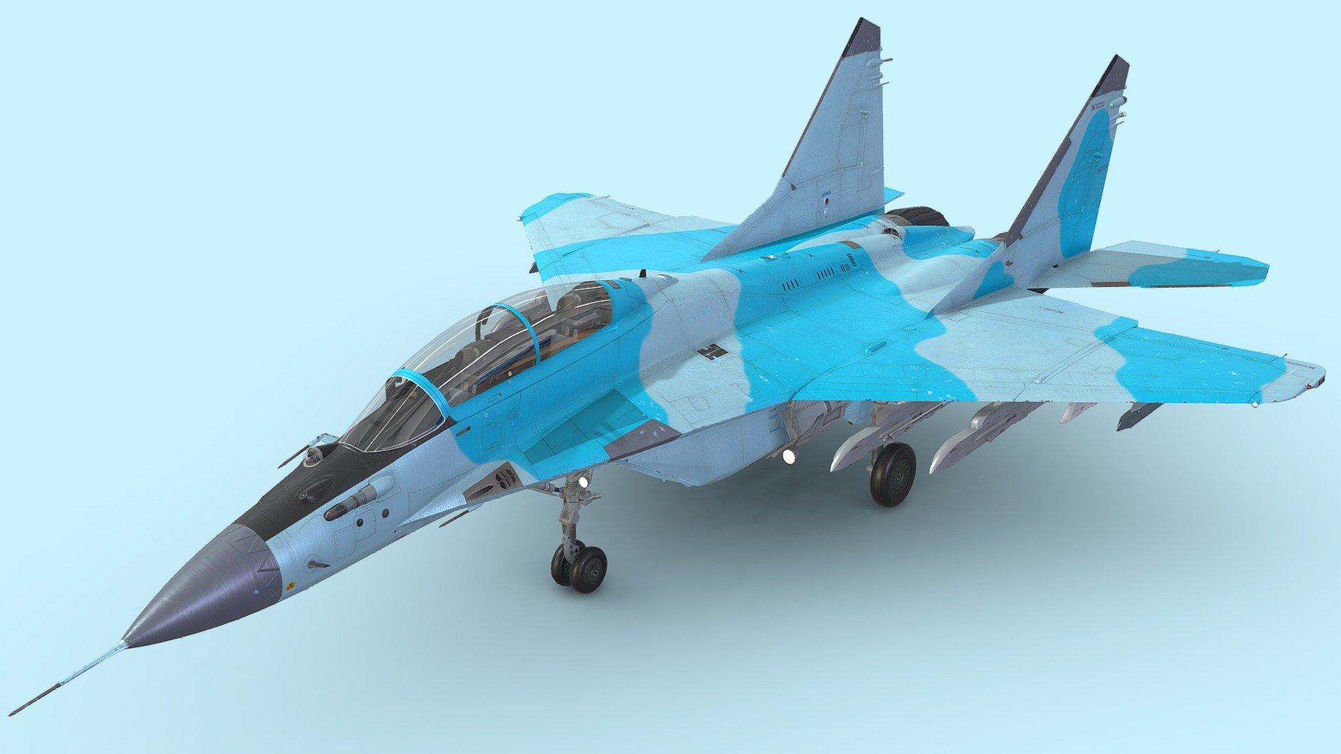 The Mikoyan MiG-35 NATO reporting name: Fulcrum-F) is a Russian multirole fighter that is designed by Mikoyan.

Mikoyan first officially presented the MiG-35 internationally during the 2017 Moscow air show, the first two serial production aircraft entered service in 2019.

The fighter has vastly improved avionics and weapon systems compared to early variants of MiG-29, notably new precision-guided targeting capability and the uniquely designed optical locator system, which relieves the aircraft from relying on ground-controlled interception systems and enables it to conduct independent multirole missions 3d model