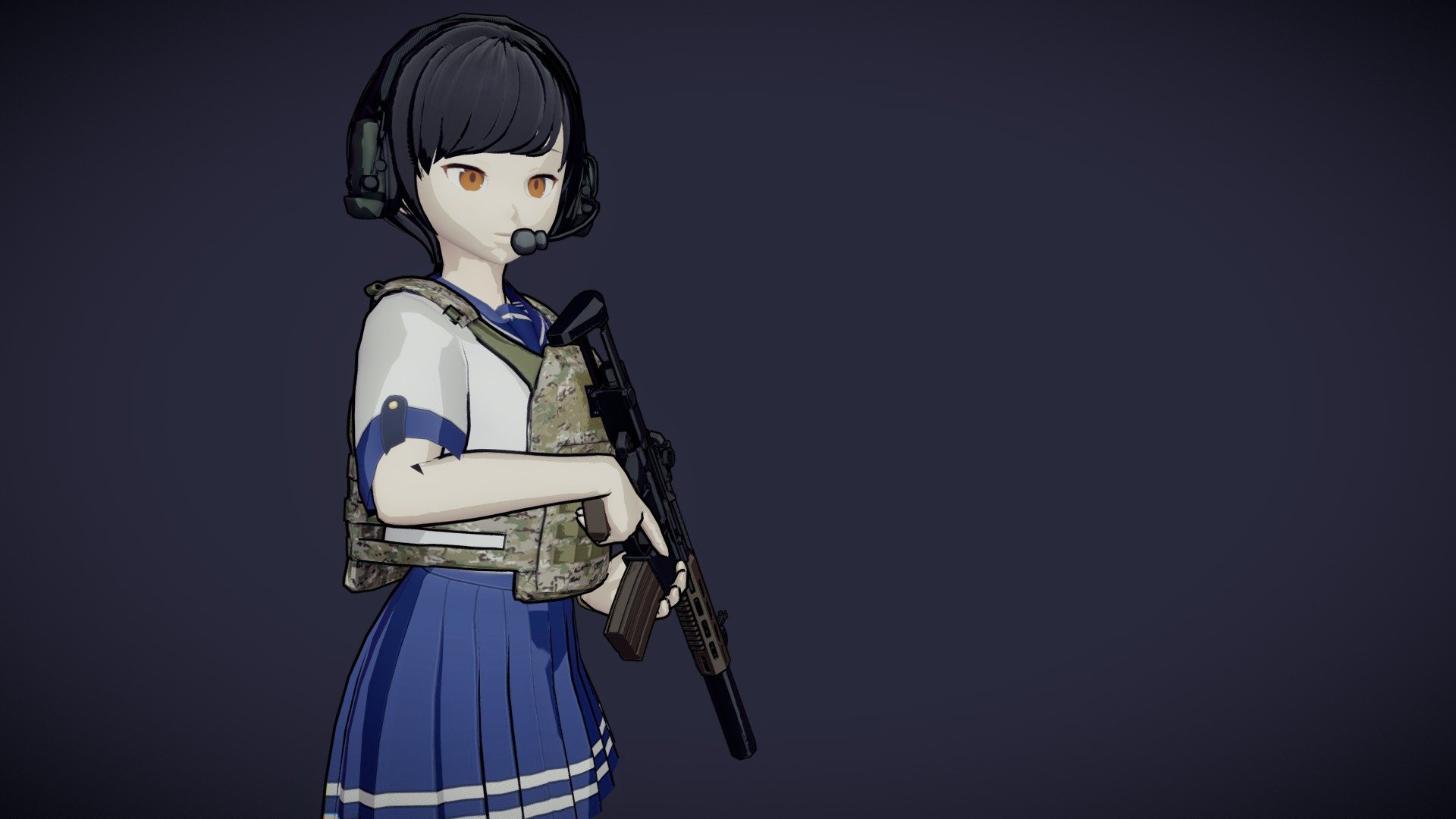 Anime character in school uniform with military gear and rifle.


T-Pose version is included in additional files.

Keep in mind that the outline is done with the mesh which effectively doubles the poly count.

Model was based on mesh and textures from Vroid Studio.

Rifle is AAC Honey Badger by TastyTony shared under CC-BY licence.

Watch is available for free in realistic, PBR version. You can grab it in here: Digital Watch - Animu Operator - Buy Royalty Free 3D model by Mateusz Woliński (@jeandiz) 3d model