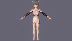 T pose rigged model of Rei Ayanami teenage, teen, uniform, woman, schoolgirl, rei, neon-genesis-evangelion, plugsuit, shortpants, anime-girl, short-hair, baggy-shirt, girl, female, anime, rigged, rei-ayanami