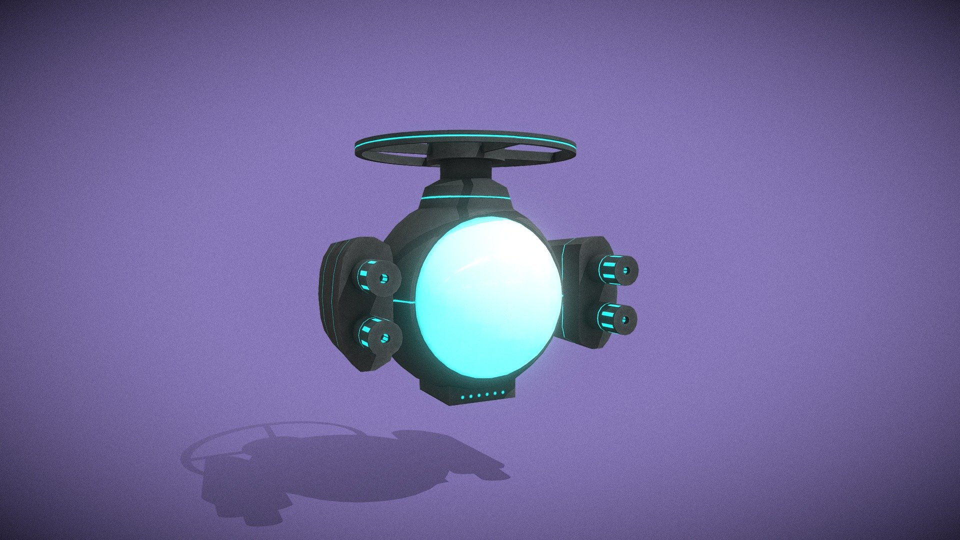 A low-poly cartoon-style flying security drone that can be used as a patrolling armed enemy in any 2D/3D environment.

Poly-count is kept as low as possible. All textures are very high quality with 2K resolution. All polygons are quads and no tris or N-Gons are used in geometry during production.
Emission-Map is used to create a glow effect in glass and body. 3 Color variations are added so the drone is available in 4 colors.
The model is rigged to include the shoot and fly animations.


Key Features :


Minimum possible poly-counts
Single Mesh &amp; Material
+3 Color Variations
Real-world scale
Only Quads(No tris or N-Gons)
Non-overlapping Unwrapped UVs
High quality 2K resolution textures
Rigged
3 Animations

Model Information :


Vertices: 1,758
Faces: 1,606
Triangles: 3,212
UV Mapped: Yes(Non-Overlapping)

Textures :


Base Color
Metallic Map
Roughness Map
MetallicSmoothness Map
Normal Map
AO Map
Emission Map

Animations :


Default
Shoot
Fly
 - Security Drone (Low Poly) - Buy Royalty Free 3D model by Game Art Universe (@gameartuniverse) 3d model