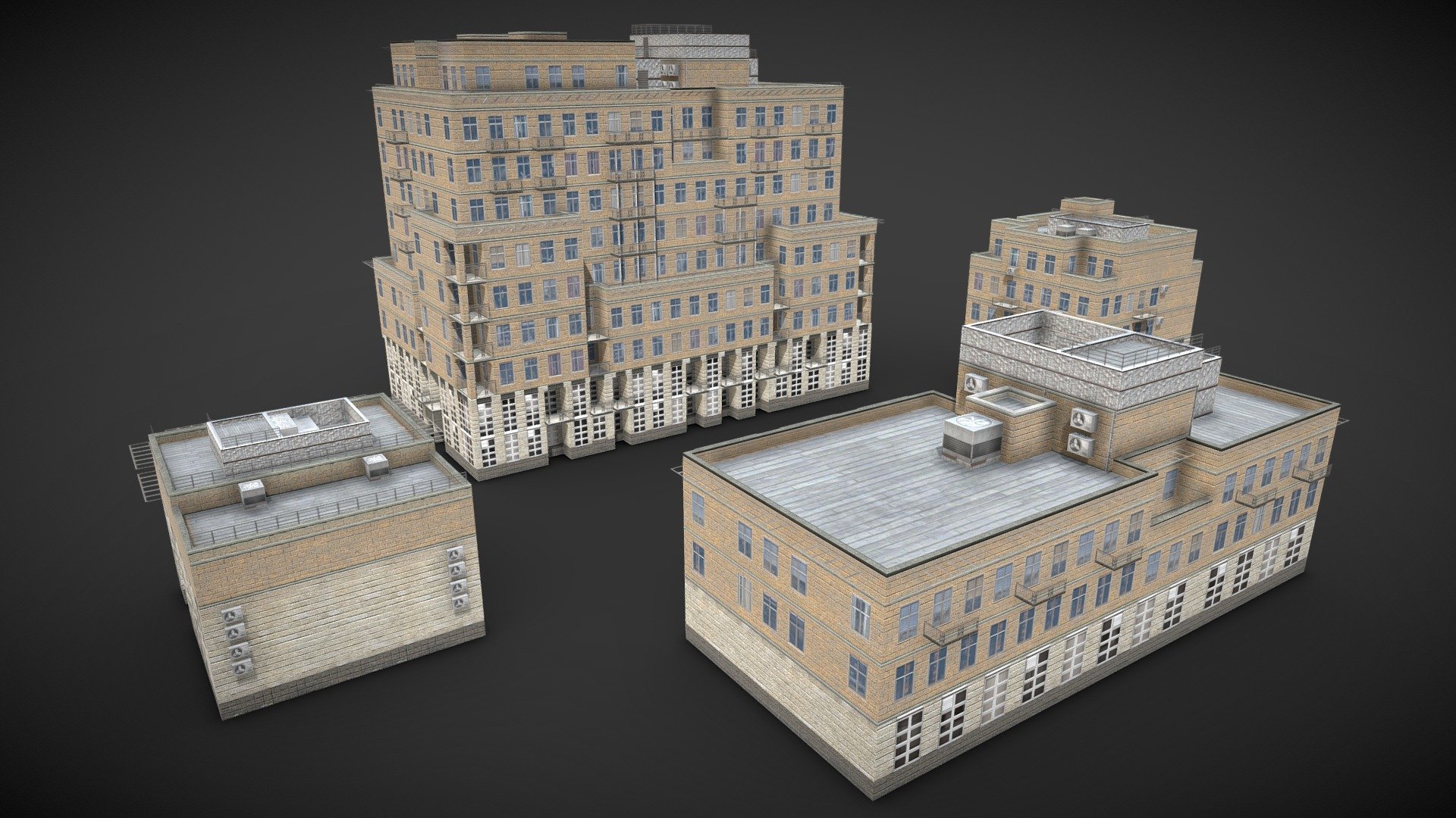 Low poly buildings for games
- 2427 tris
- 679 tris
- 426 tris
- 623 tris

4 variations sharing the same texture set.

PBR texturex 4096x4096 - City Buildings - Buy Royalty Free 3D model by Realtime (@gipapatank) 3d model