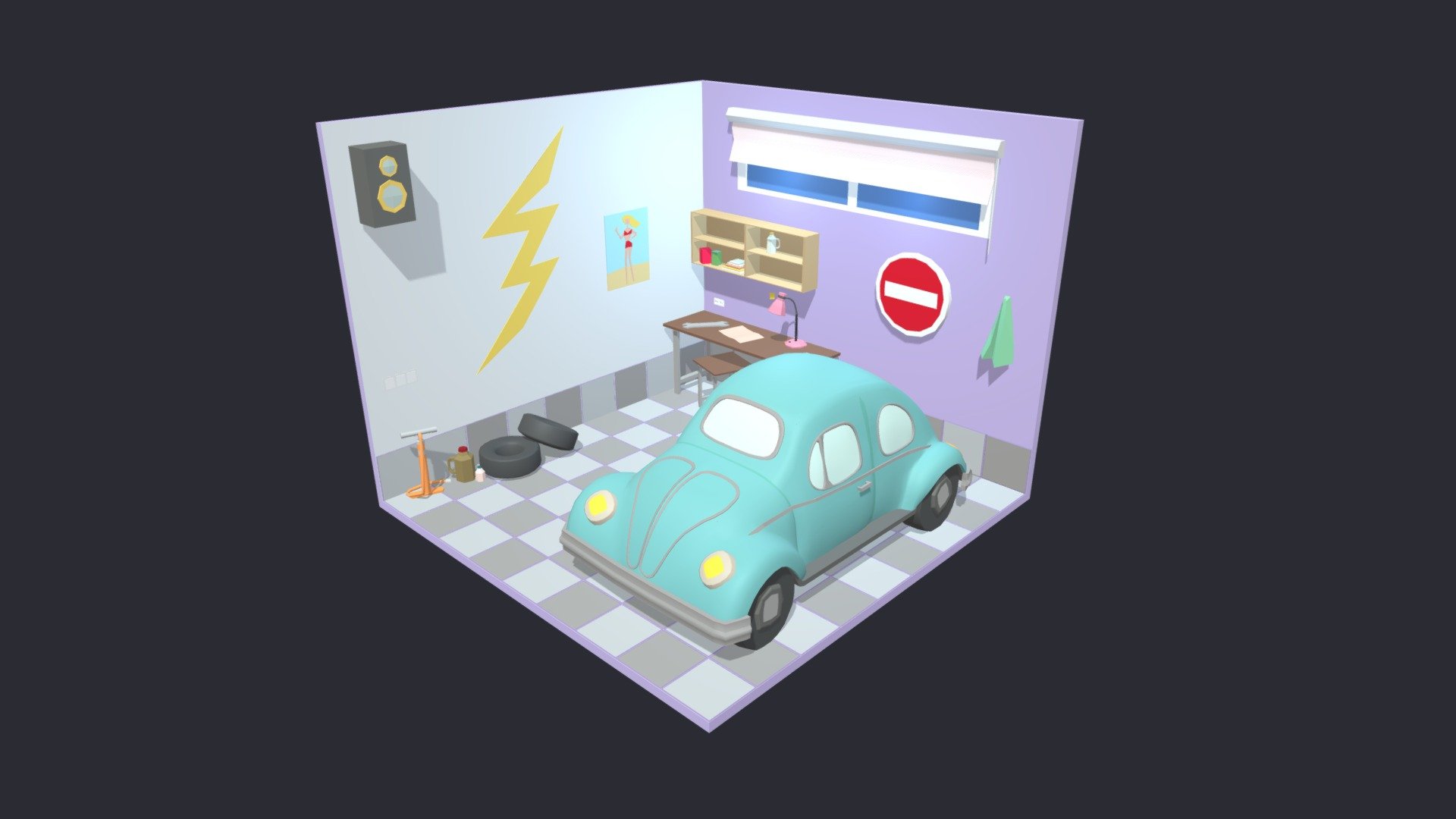 Low poly room is ready to be used for games, rendering and advertising.

This is a garage complete with furniture.

This set includes 25 unique props: car / poster / pump / table / lamp / bottles and much more!

Technical details:

The whole room has:




Vertex: 9230 

Faces: 8273 

Tris: 16389

Has only one color texture (2048/1024/512/256 /128px) and one material for the entire game set.

Feel free to download it and leave your reviews, comments and likes. This will help us create more products for you :) - Garage Room 20 Low-poly 3D model - Buy Royalty Free 3D model by Mnostva 3d model