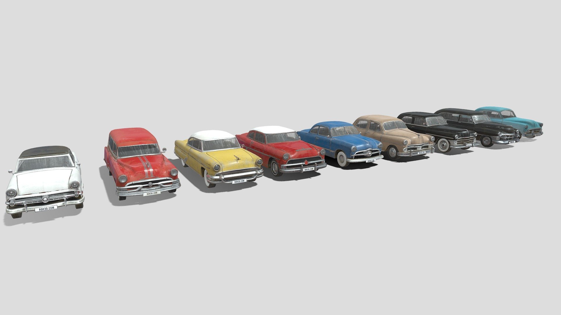 This collection contain 9 cars from 1950:




Cadillac 75 Sedan 1953

Chevrolet Club Coupe 1953

Chrysler NewYorker 1950

Dodge Coronet Sedan 1950

Ford Crestline Sunliner 1954

Ford Custom Club Coupe 1949

Hudson Hornet 1943

Lincoln Capri Hardtop Coupe 1955

Pontiac Chieftain Deluxe Station Wagon 1953
 - Classic 1950 Cars Pack - Buy Royalty Free 3D model by ROH3D 3d model