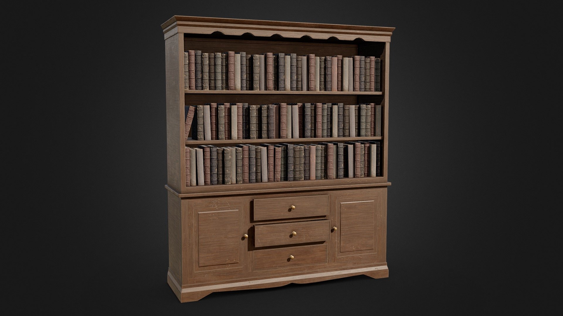 A low-poly, game ready antique bookcase with cabinets. The model will look great in any old environment and is suitable for use in game, VR, archviz and visual production.

This model is included in the Victorian Bookcase Collection on Sketchfab.

Features




Model includes an antique bookcase with draws, cabinets, and books. The cabinets and draws can be opened and closed

Model is low-poly and optimised for use in game, VR, archviz, and visual production.

Clean topology. Objects are grouped, named appropriately and unwrapped.

Modelled in Blender and textured in Substance Painter.

9,922 triangle count; 5,874 vertices.

Textures

Model has 1 PBR texture set. Textures are in .png at 4096x4096 and includes: Base Colour, Metallic, Roughness, Normal 3d model