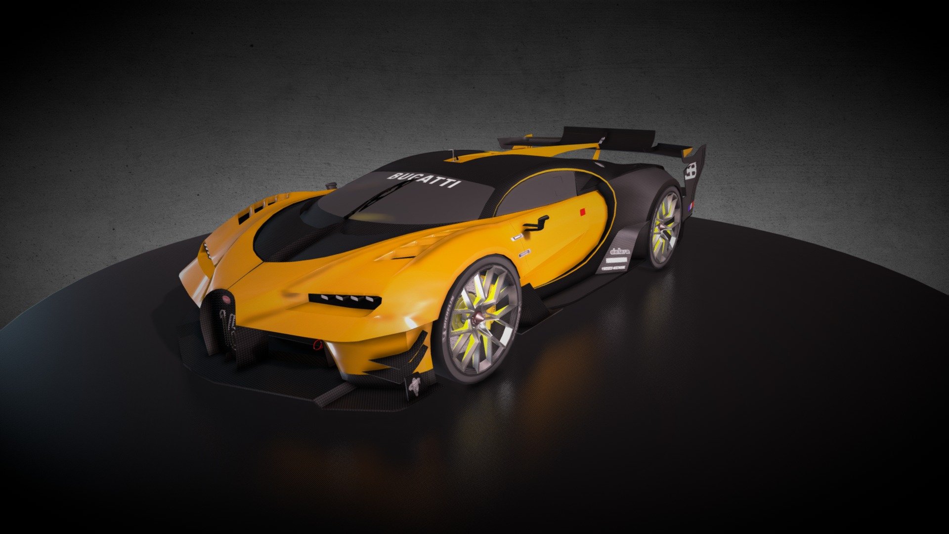 This model can be found on the assetstore by entering the query “game car”
The Bugatti Vision Gran Turismo is a single-seater concept car developed by Bugatti and was manufactured in Molsheim, Alsace, France. The car was unveiled at the 2015 Frankfurt Motor Show, a month after its teaser trailer was released, which was titled #imaginEBugatti.[1] It was built under the Vision Gran Turismo project, and with its looks, influenced the Bugatti Chiron's design language. The color scheme of the car is based on the 1937 Le Mans-winning Bugatti Type 57G Tank racer 3d model