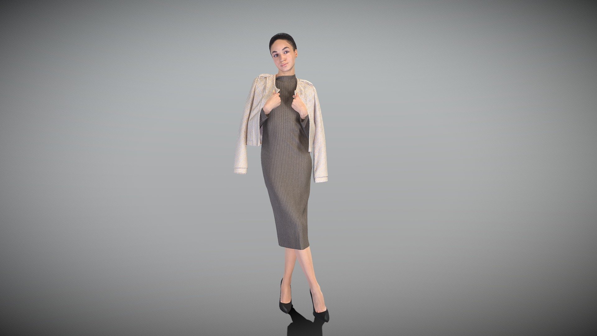 This is a true human size and detailed model of a beautiful young woman of Caucasian appearance dressed in midi black dress. The model is captured in casual pose to be perfectly matching for various architectural, product visualization as a background character within urban installations, city designs, outdoor design presentations, VR/AR content, etc.

Technical specifications:




digital double 3d scan model

150k &amp; 30k triangles | double triangulated

high-poly model (.ztl tool with 5 subdivisions) clean and retopologized automatically via ZRemesher

sufficiently clean

PBR textures 8K resolution: Diffuse, Normal, Specular maps

non-overlapping UV map

no extra plugins are required for this model

Download package includes a Cinema 4D project file with Redshift shader, OBJ, FBX, STL files, which are applicable for 3ds Max, Maya, Unreal Engine, Unity, Blender, etc. All the textures you will find in the “Tex” folder, included into the main archive.

3D EVERYTHING

Stand with Ukraine! - Elegant woman in dress and heels 455 - Buy Royalty Free 3D model by deep3dstudio 3d model