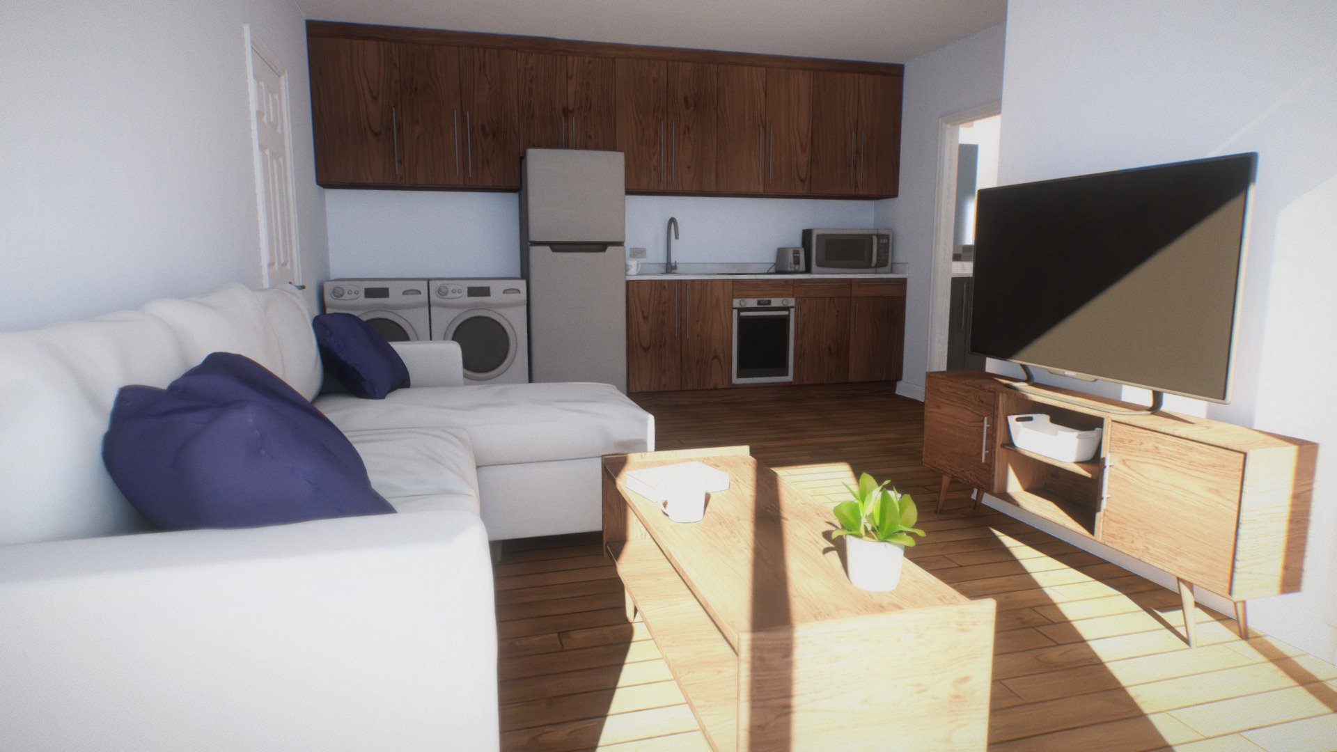 A modern apartment created in one week with Blender 2.9.  Designed for use in VR, all furniture is realistically scaled and appropriately detailed (though some texture data was lost when baking the textures). Baked lighting is diffuse only, based on albedo and normal maps, when available.  All models and textures were created by me.

Note: Additional unbaked Blender project file sporting original UVs/textures is included with the download - Modern High-Rise Apartment (VR Scaled) - Buy Royalty Free 3D model by LoneDeveloper 3d model