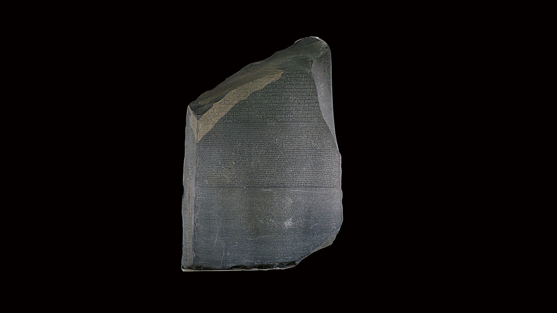 Part of grey and pink granodiorite stela bearing priestly decree concerning Ptolemy V in three blocks of text: Hieroglyphic (14 lines), Demotic (32 lines) and Greek (54 lines). The inscription is a decree passed by a council of priests, one of a series that affirm the royal cult of the 13 year-old Ptolemy V on the first anniversary of his coronation 3d model