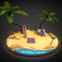 Surf Passion surfer, diorama, beach, scooter, surfboard, surf, handpainted, girl, cartoon, game, lowpoly