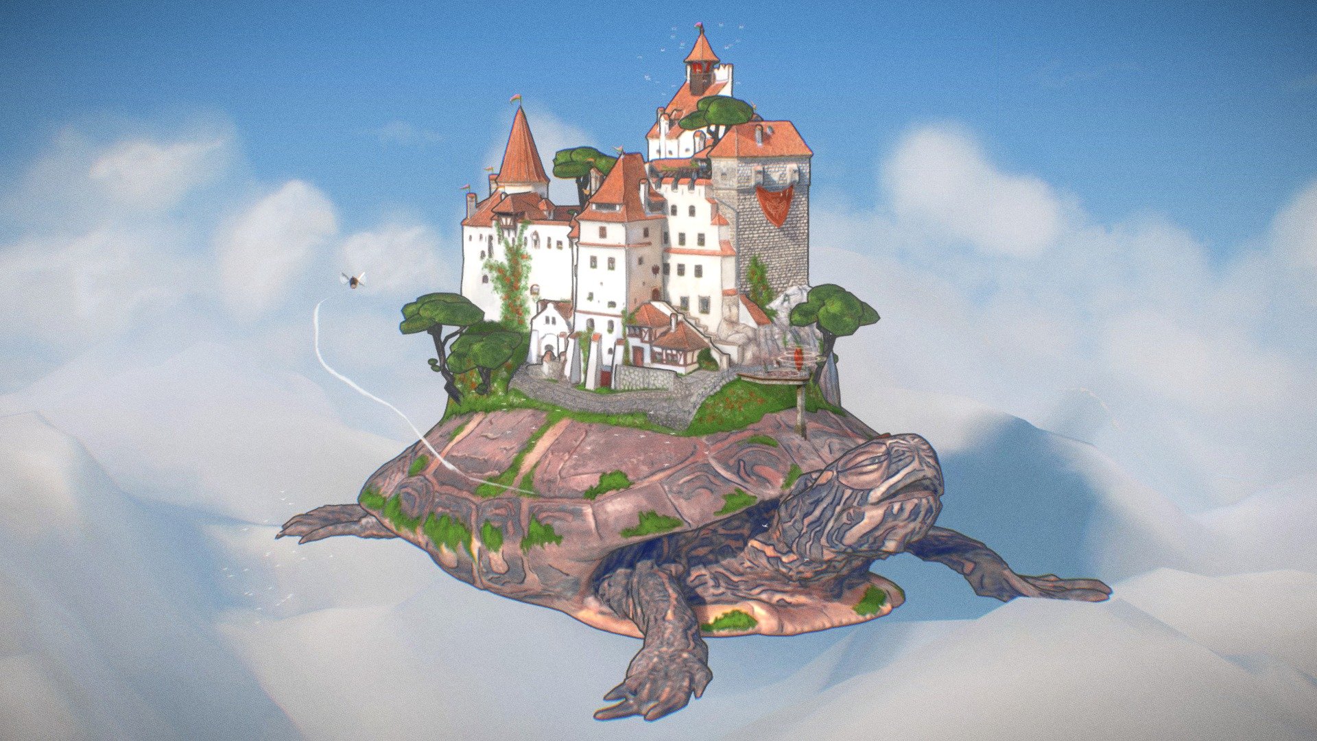 A castle on a floating turtle cruising through the skies. I made this by kitbashing two different photogrammetry models (turtle, Bran castle) and projection mapping in Blender+Photoshop. 

I wrote a post covering how to make stylized painterly 3D scenes, if you would like to know more details on the how it is done: https://medium.com/@shahriyarshahrabi/creating-painterly-3d-scenes-preparing-assets-for-npr-8d6c726cc34f - Floating Castle - Download Free 3D model by Shahriar Shahrabi (@shahriyarshahrabi) 3d model