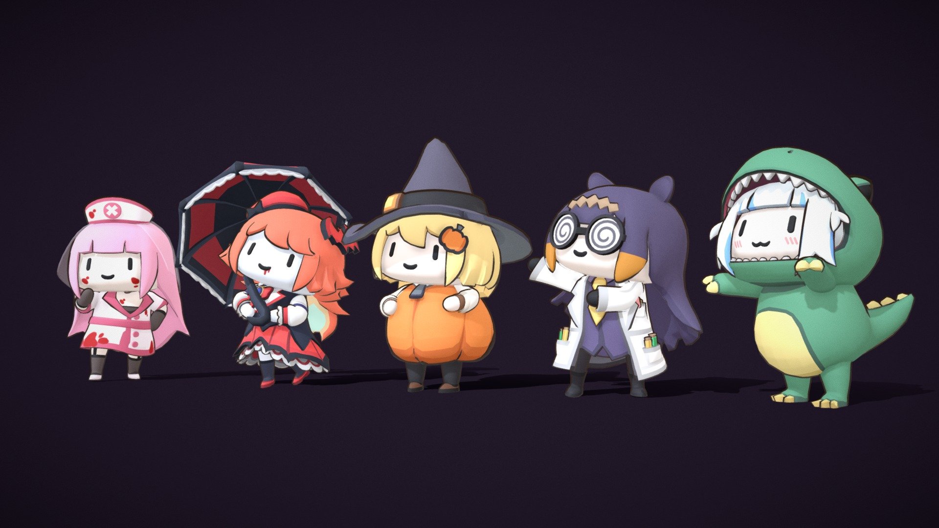 These are Halloween costumes that were commissioned for the vtuber talents of Hololive English Myth. These were used as their avatars in their VR Chat halloween event!  Amelia asked me to share these publically, despite these being a commission, so here you go!

I approve of anyone using these models to make animations, fan-games, port them to other programs, create mods, share them onward, etc. As long as you are considerate of the talents who used these to represent themselves, and make sure the usage of these stays within Hololive Fan Work Guidelines 3d model