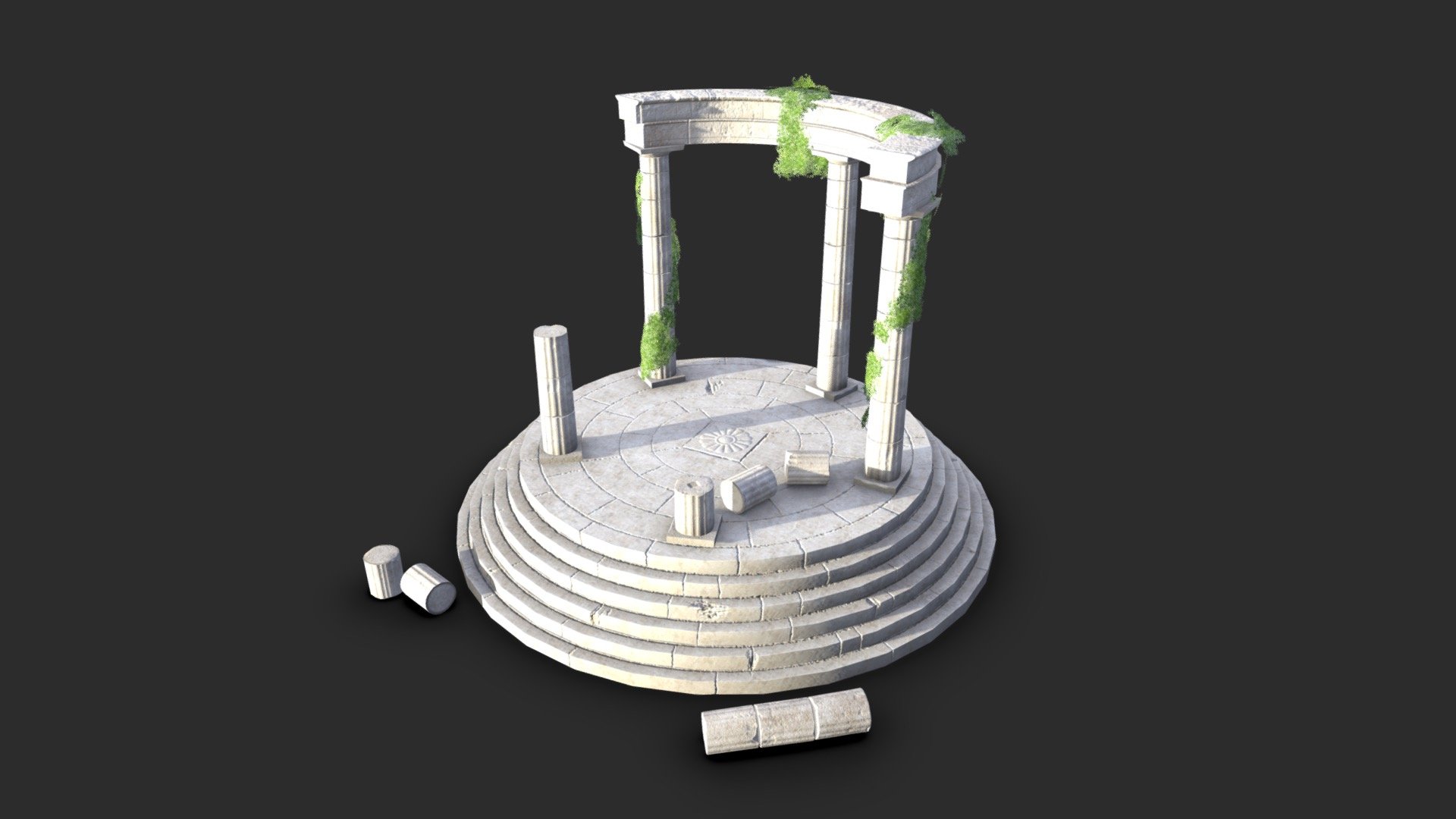 A ruin of an ancient greek temple. This model was inspired by the archaeological site of Delphi, Greece. The model include some details as ivy and fallen blocks on ground and around. 

Te model is game ready for PBR (metalness) rendering 3d model